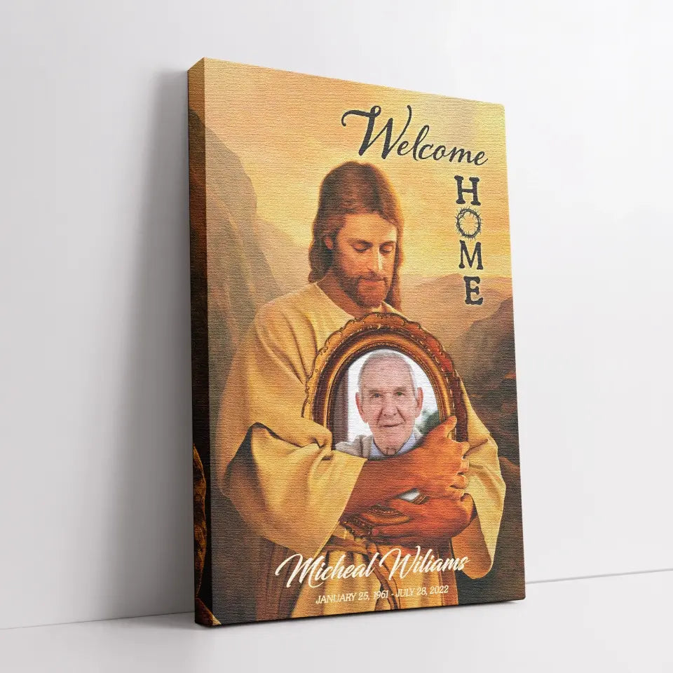 Personalized Canvas Prints, Custom Photo And Name, Memorial Gift, Mom Loss Gift, Father Loss Gift, Welcome Home, Safe In The Arms Of Jesus Dem Canvas