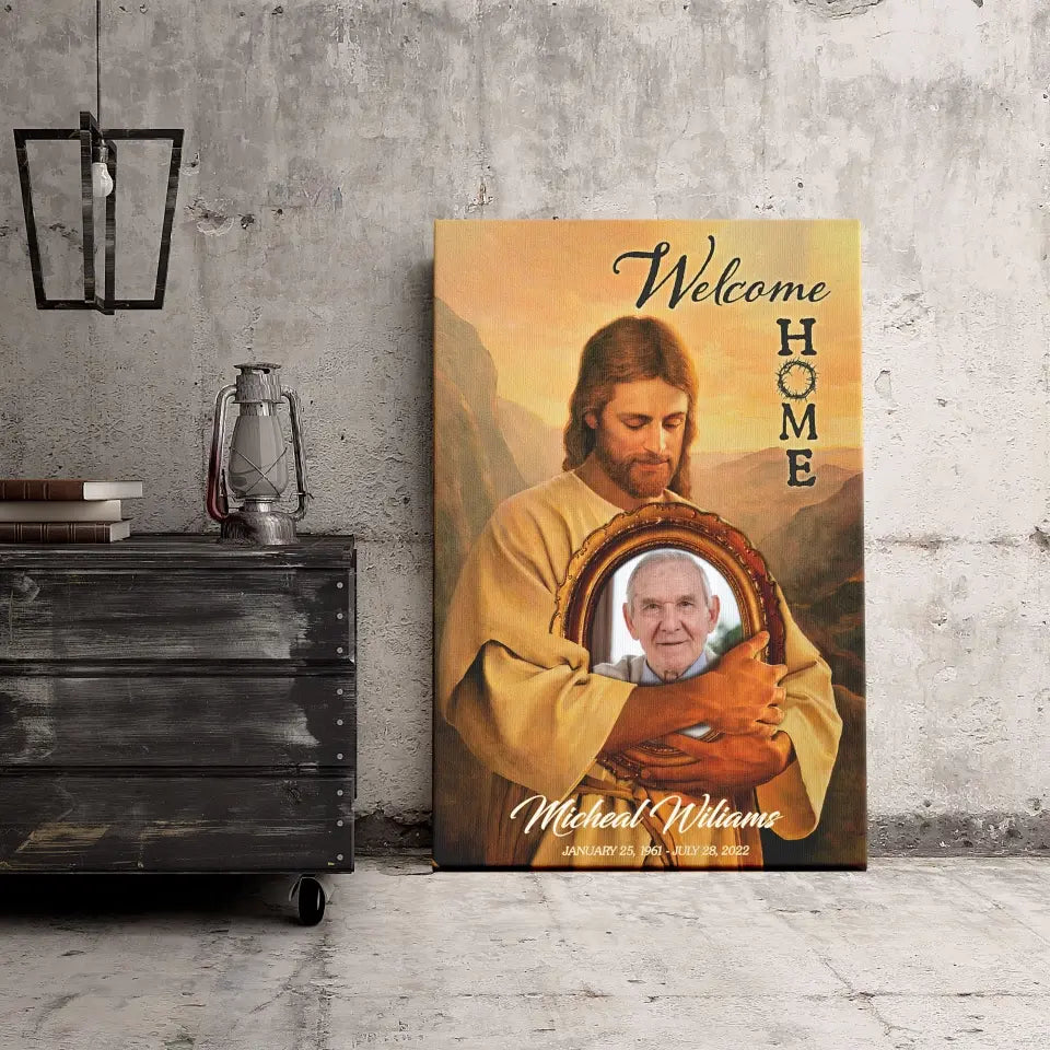 Personalized Canvas Prints, Custom Photo And Name, Memorial Gift, Mom Loss Gift, Father Loss Gift, Welcome Home, Safe In The Arms Of Jesus Dem Canvas