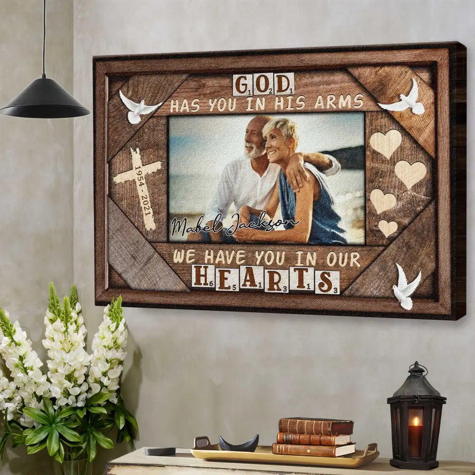 Personalized Canvas Prints Custom Photo, Sympathy Gifts, Remembrance, Memorial Gifts, Gifts, God Have You In His Arms Dem Canvas