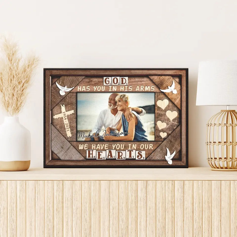 Personalized Canvas Prints Custom Photo, Sympathy Gifts, Remembrance, Memorial Gifts, Gifts, God Have You In His Arms Dem Canvas