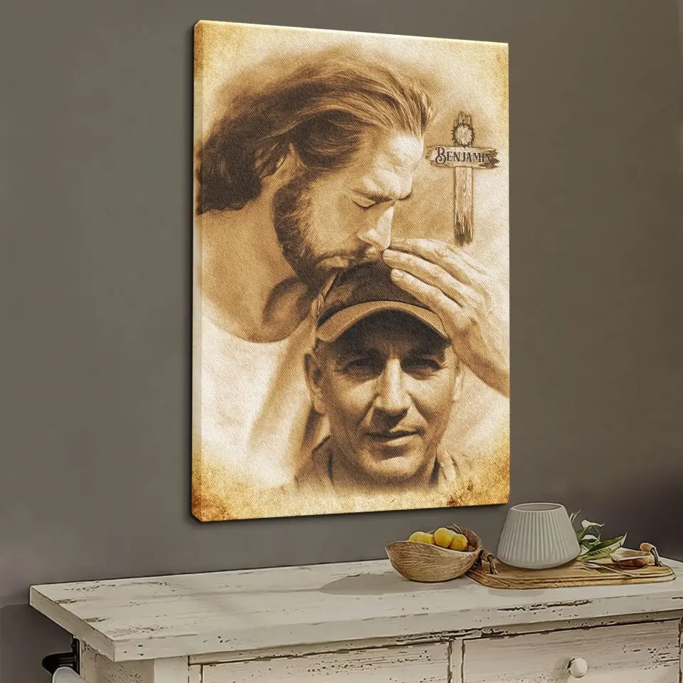 Personalized Canvas Prints, Custom Photo And Name, Sympathy Gifts, Memorial Gift, Safe In The Arms Of Jesus Cross With Thorns Dem Canvas