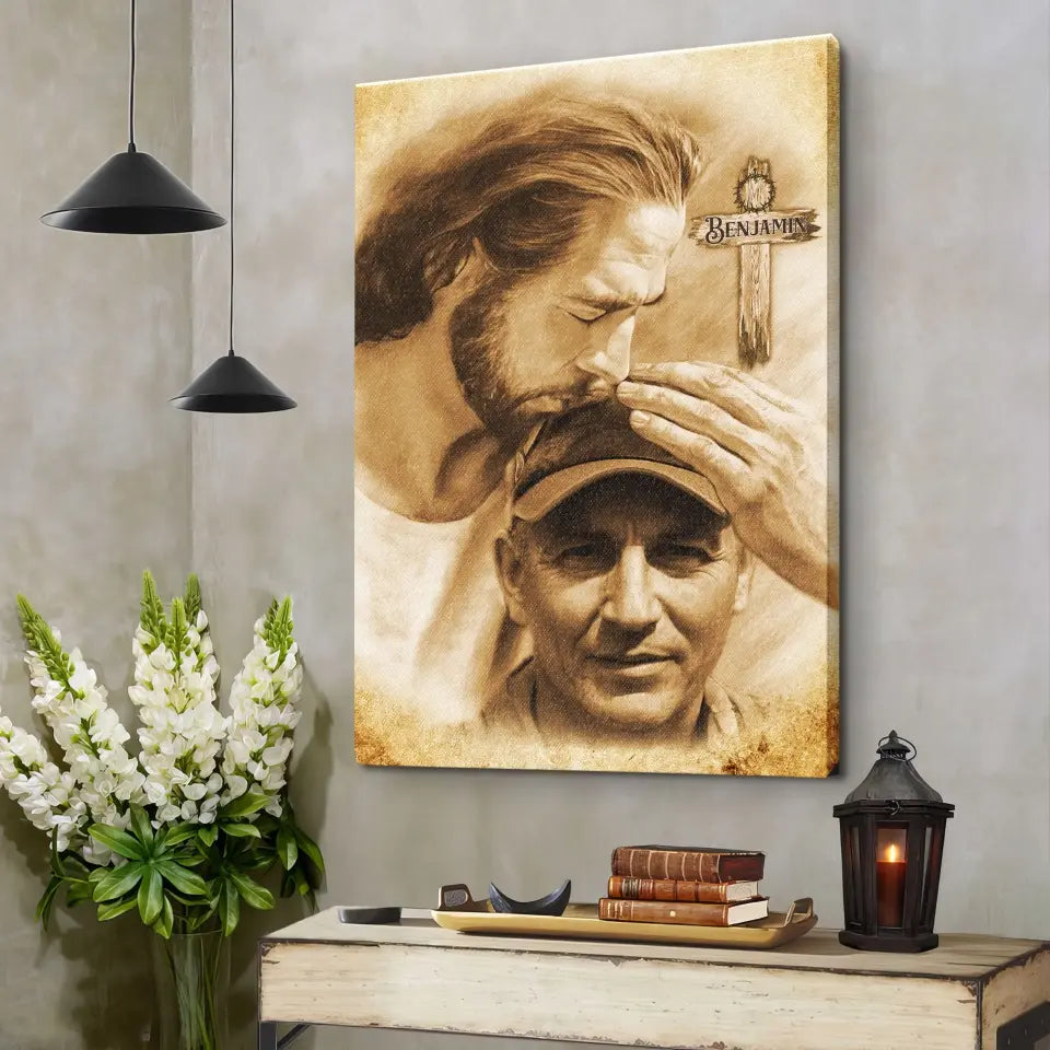 Personalized Canvas Prints, Custom Photo And Name, Sympathy Gifts, Memorial Gift, Safe In The Arms Of Jesus Cross With Thorns Dem Canvas