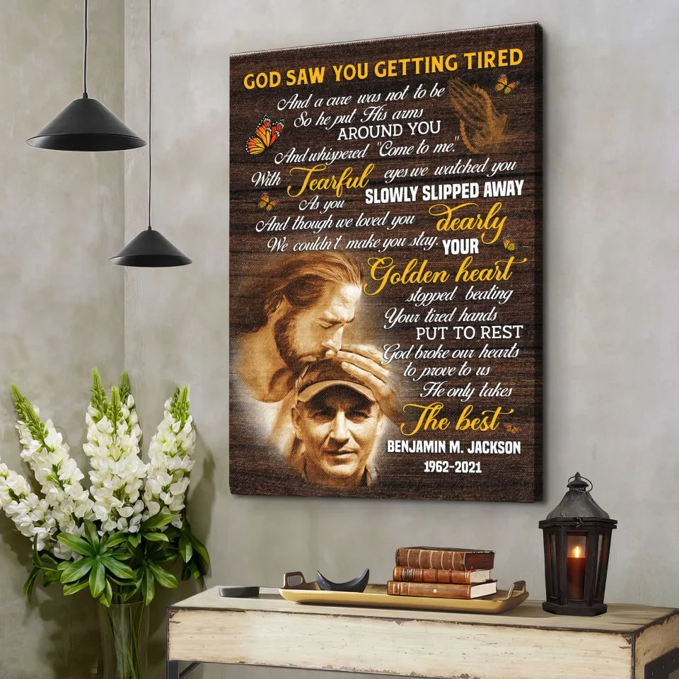 Personalized Canvas Prints, Custom Photo, Sympathy Gifts, Memorial Gift, Safe In The Arms Of Jesus, God Saw You Getting Tired Dem Canvas