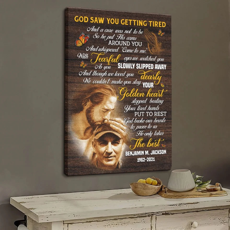 Personalized Canvas Prints, Custom Photo, Sympathy Gifts, Memorial Gift, Safe In The Arms Of Jesus, God Saw You Getting Tired Dem Canvas