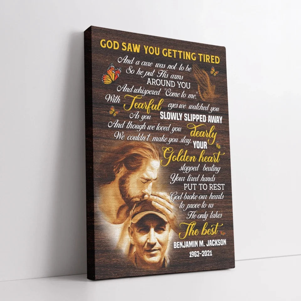 Personalized Canvas Prints, Custom Photo, Sympathy Gifts, Memorial Gift, Safe In The Arms Of Jesus, God Saw You Getting Tired Dem Canvas