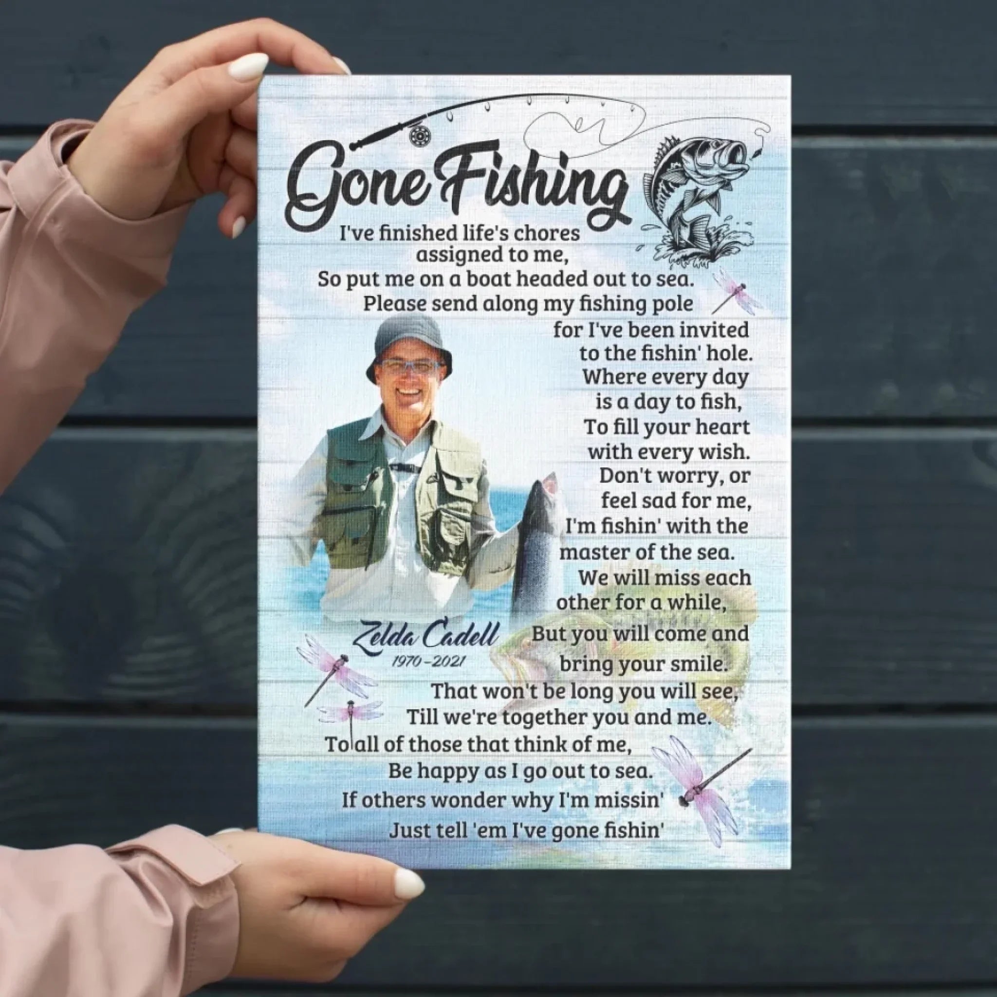 Personalized Canvas Prints, Custom Name And Photo, Gift For Dad, Gift For Grandpa Memorial Fishing, Gone Fishing Dem Canvas
