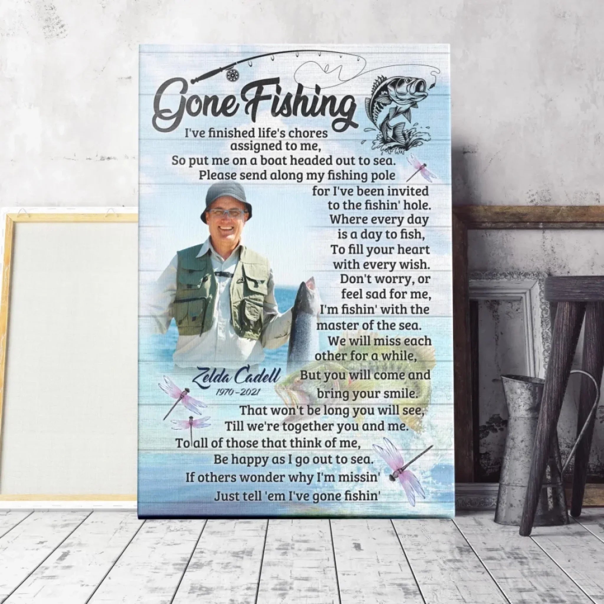 Personalized Canvas Prints, Custom Name And Photo, Gift For Dad, Gift For Grandpa Memorial Fishing, Gone Fishing Dem Canvas