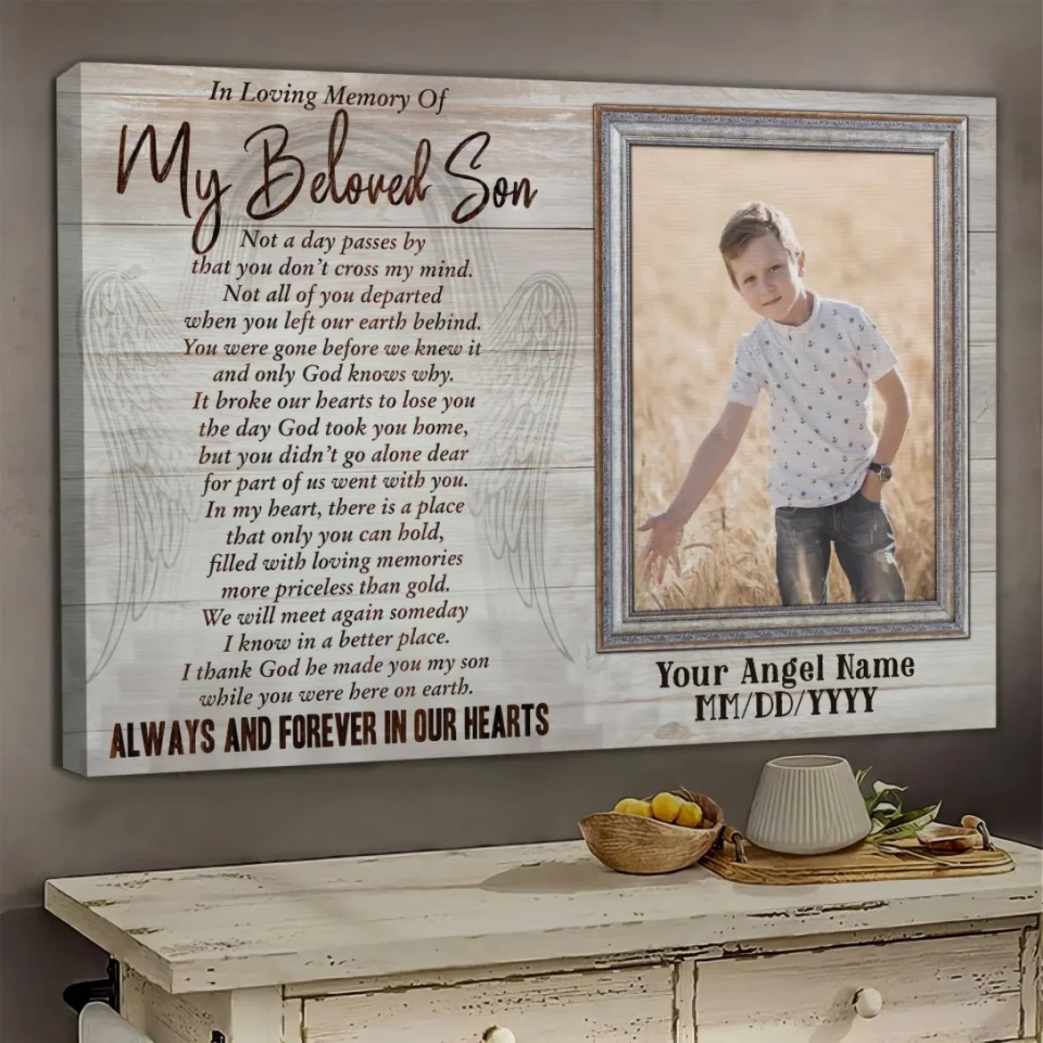 Personalized Memorial Son Canvas, Custom Photo Gift For Son Loss, In Loving Memory Of Son Gift Dem Canvas