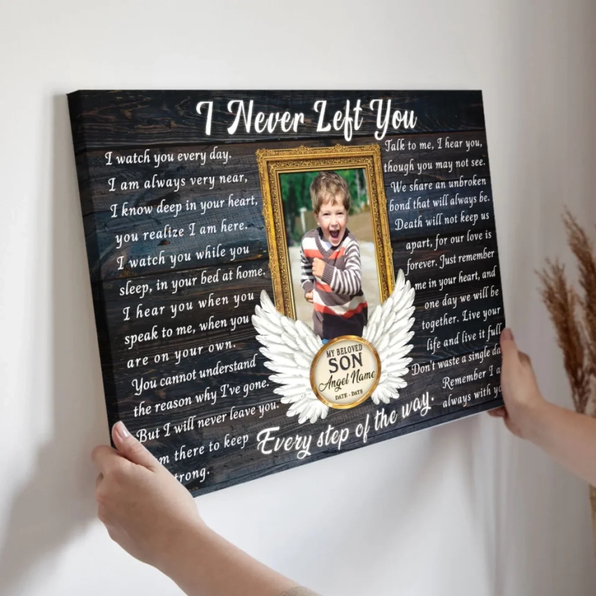 Personalized Canvas Prints, Custom Photo, Memorial Gifts, Sympathy Gifts, Remembrance Gifts, Loss Of Son, Angel Wings I Never Left You Dem Canvas