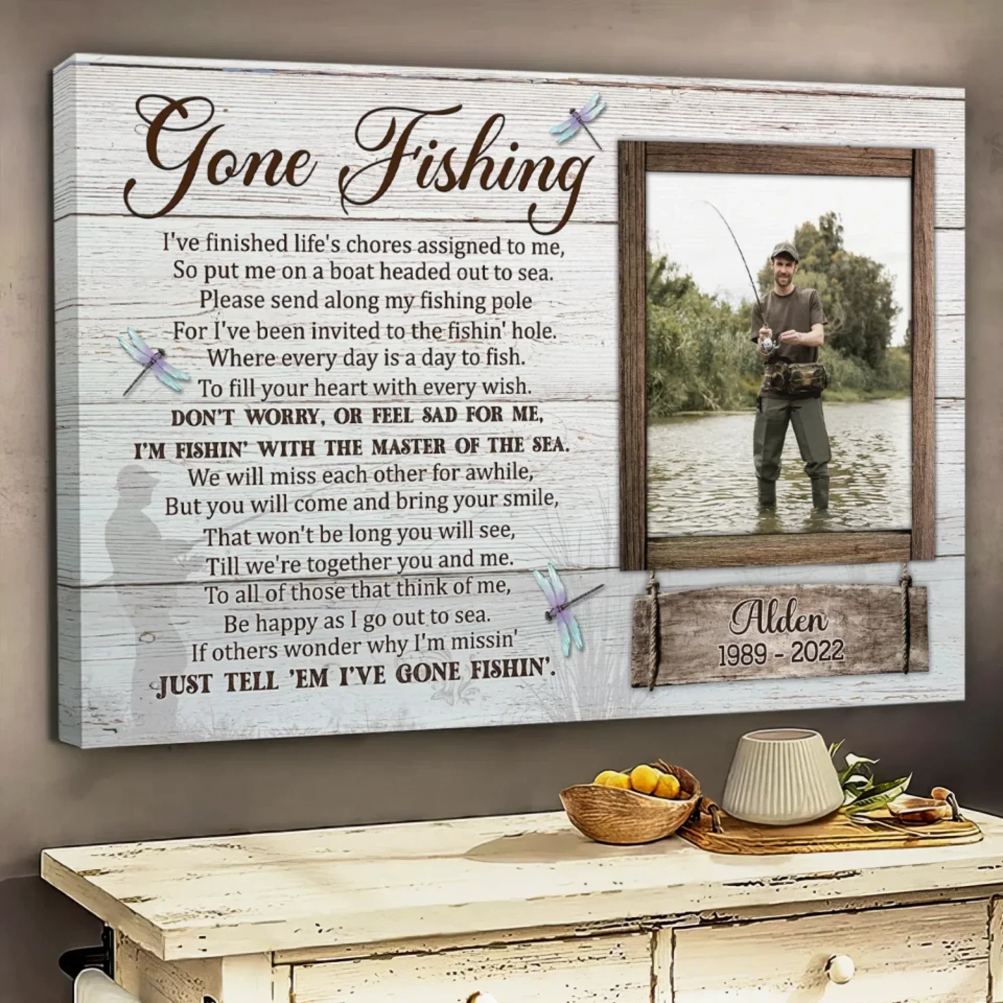 Personalized Canvas Prints Custom Photo, Gone Fishing Memorial, Father Gifts, Rest In Peace Sign Dem Canvas