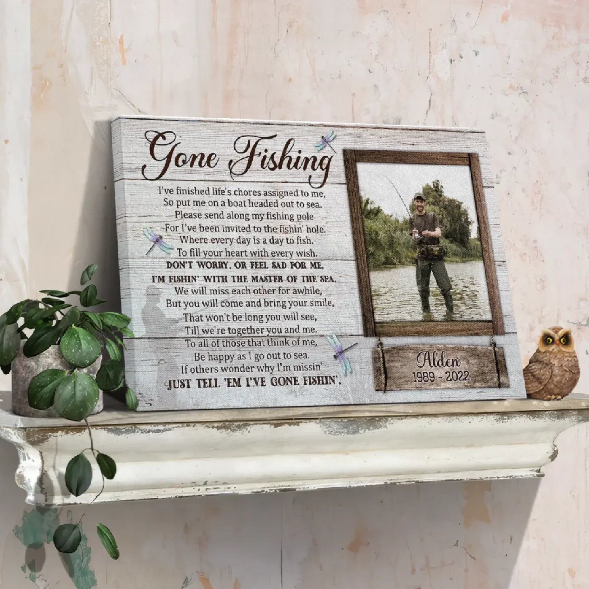 Personalized Canvas Prints Custom Photo, Gone Fishing Memorial, Father Gifts, Rest In Peace Sign Dem Canvas