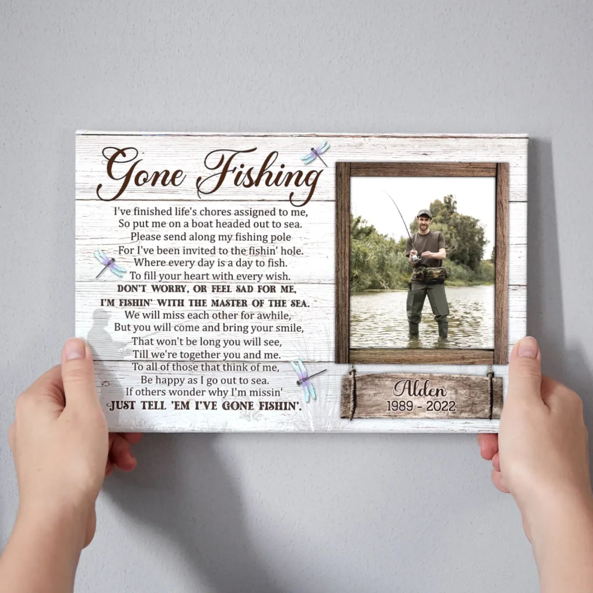 Personalized Canvas Prints Custom Photo, Gone Fishing Memorial, Father Gifts, Rest In Peace Sign Dem Canvas