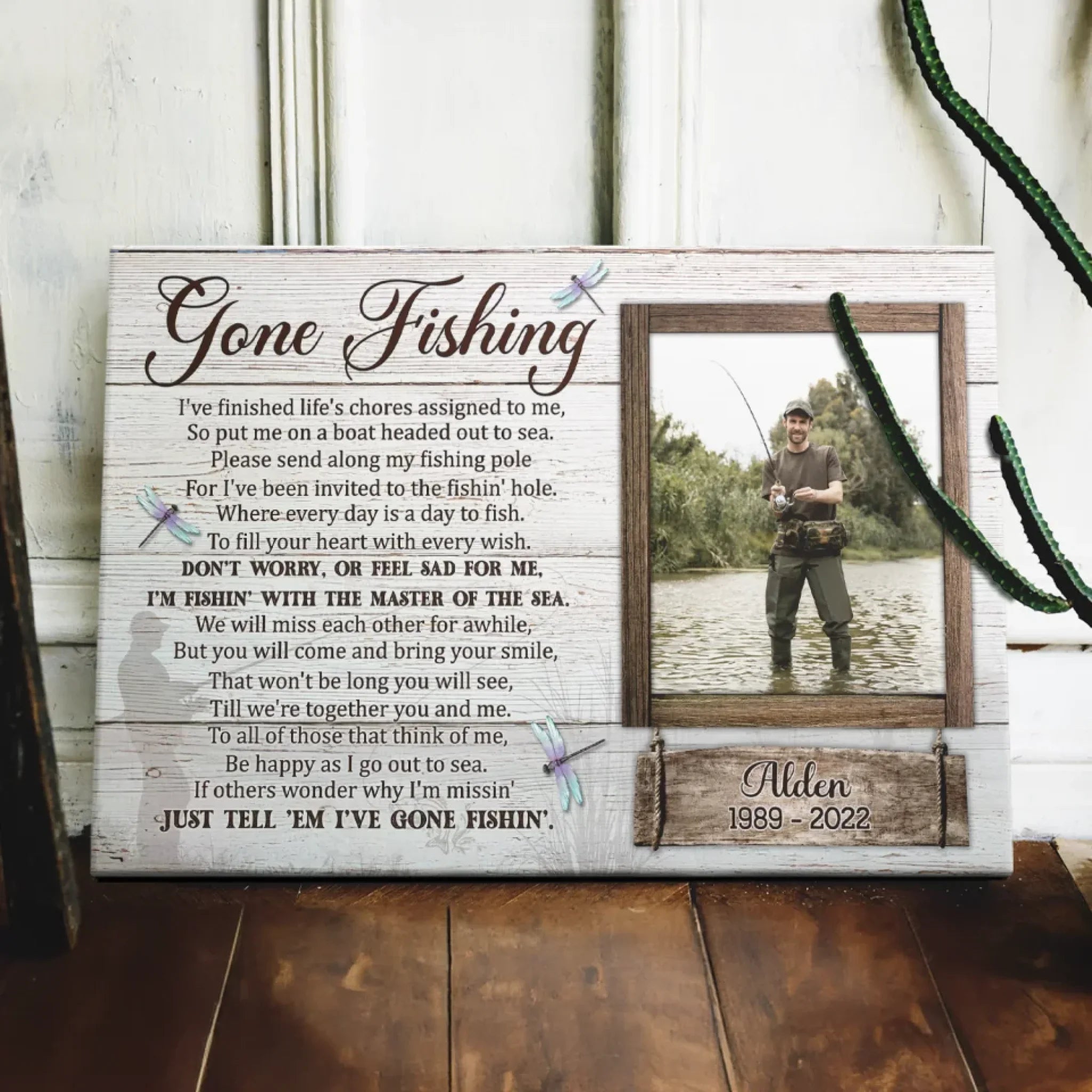 Personalized Canvas Prints Custom Photo, Gone Fishing Memorial, Father Gifts, Rest In Peace Sign Dem Canvas