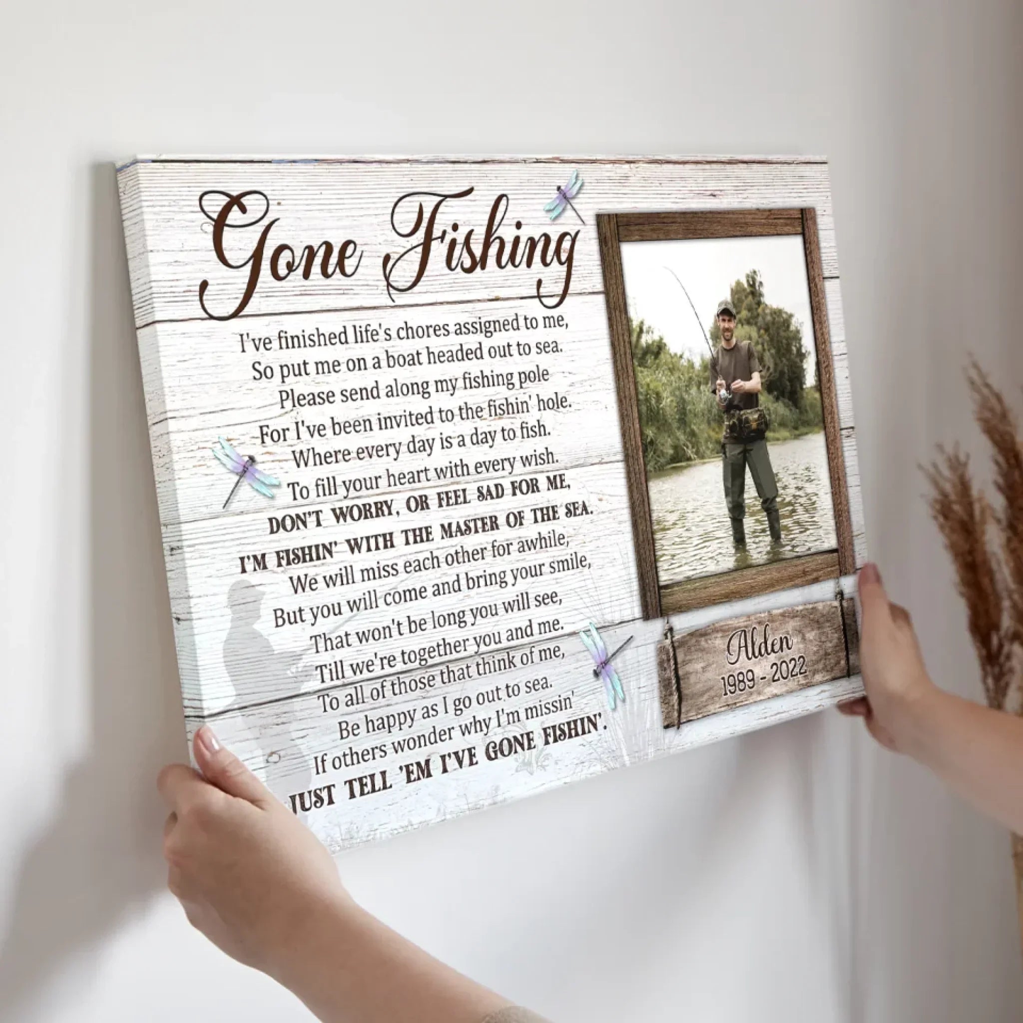 Personalized Canvas Prints Custom Photo, Gone Fishing Memorial, Father Gifts, Rest In Peace Sign Dem Canvas