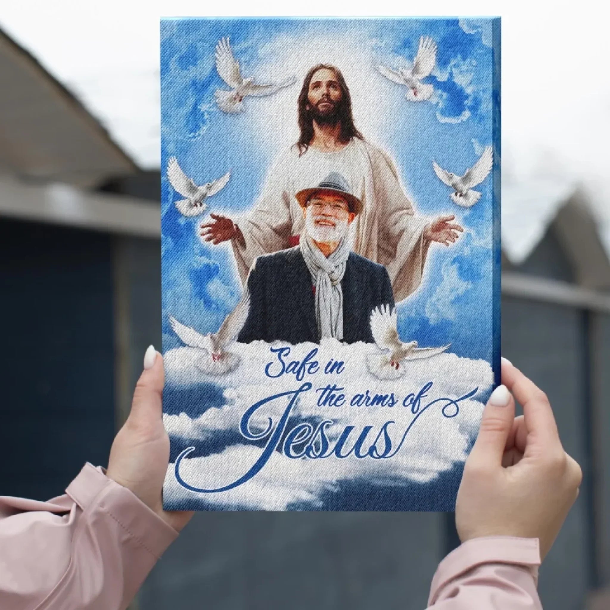 Personalized Canvas Prints, Custom Photo, Sympathy Gifts, Memorial Gifts, Loss Parents, Blue Sky With Pigeon Safe In The Arms Of Jesus Dem Canvas