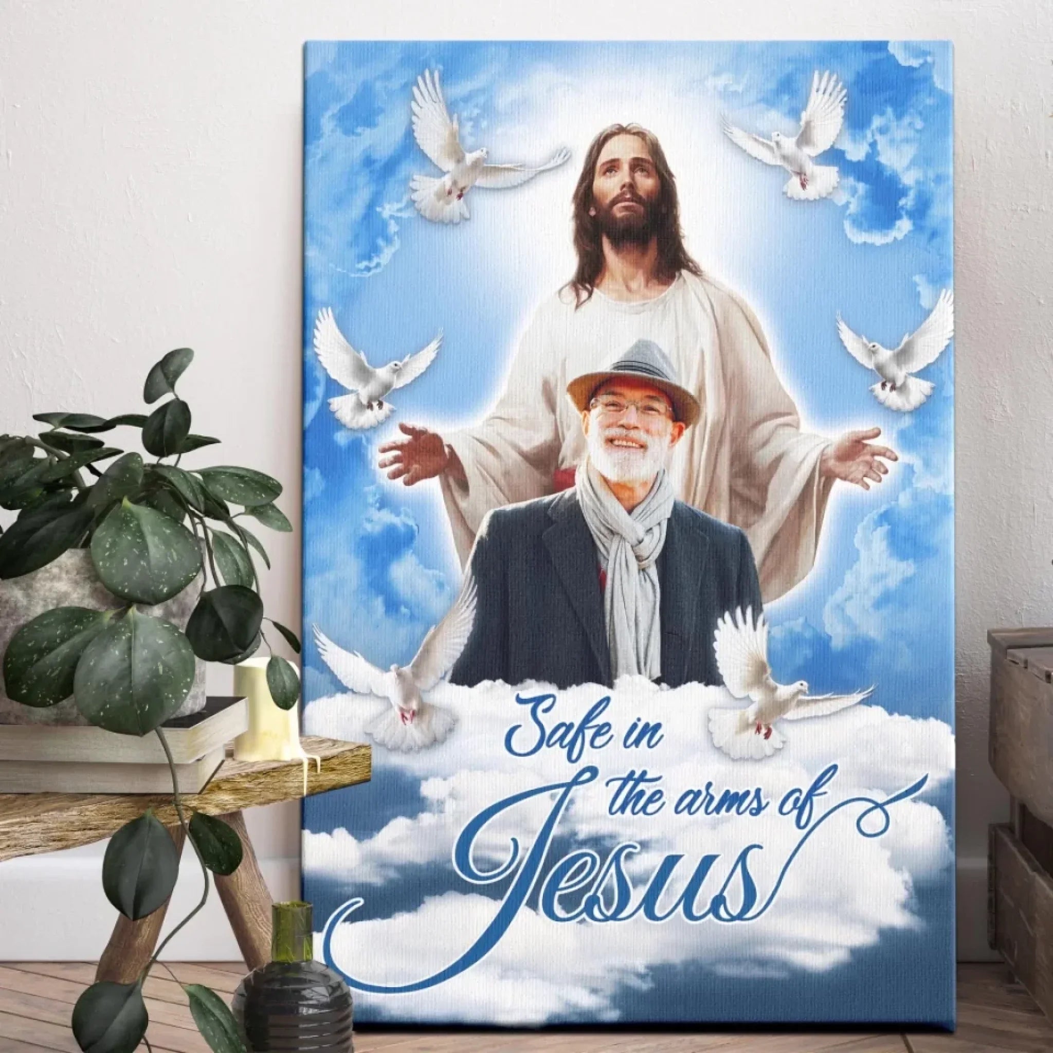 Personalized Canvas Prints, Custom Photo, Sympathy Gifts, Memorial Gifts, Loss Parents, Blue Sky With Pigeon Safe In The Arms Of Jesus Dem Canvas
