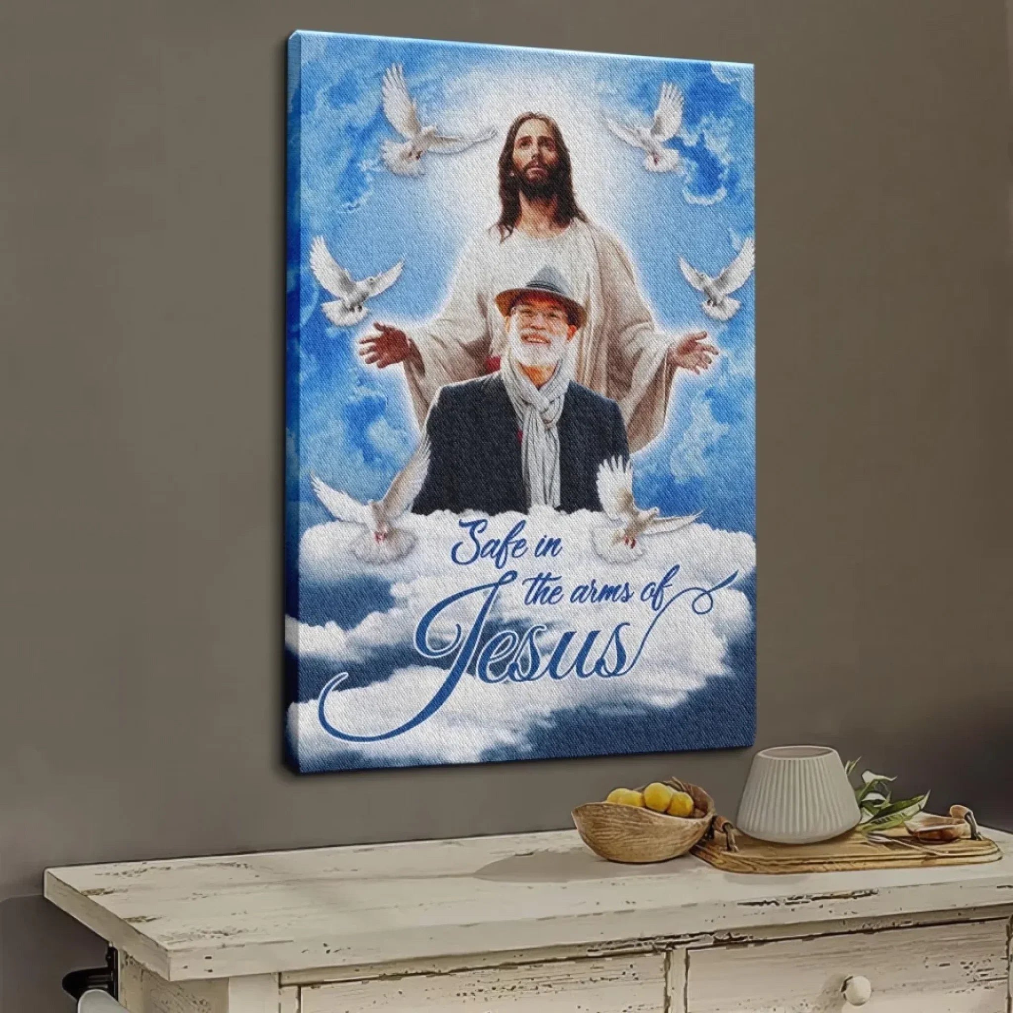 Personalized Canvas Prints, Custom Photo, Sympathy Gifts, Memorial Gifts, Loss Parents, Blue Sky With Pigeon Safe In The Arms Of Jesus Dem Canvas