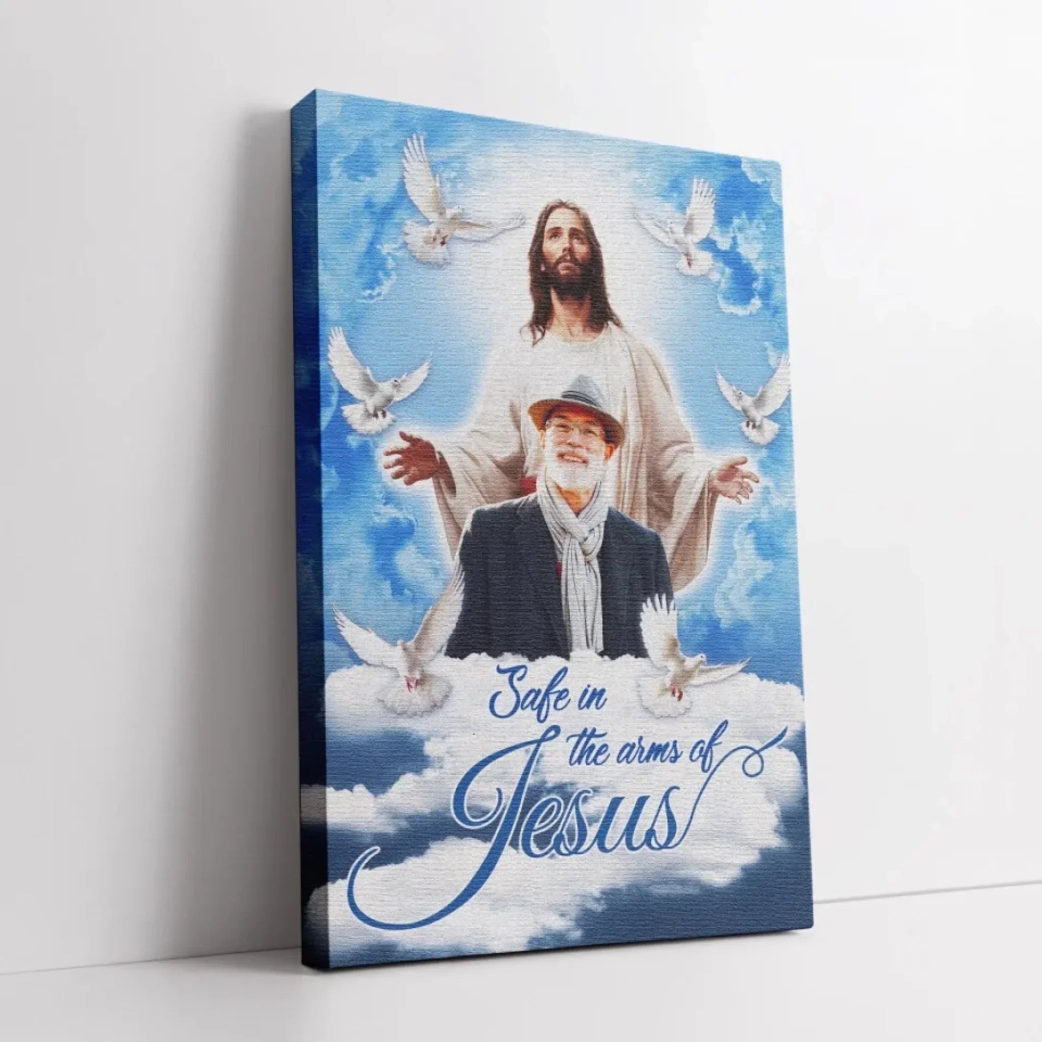 Personalized Canvas Prints, Custom Photo, Sympathy Gifts, Memorial Gifts, Loss Parents, Blue Sky With Pigeon Safe In The Arms Of Jesus Dem Canvas