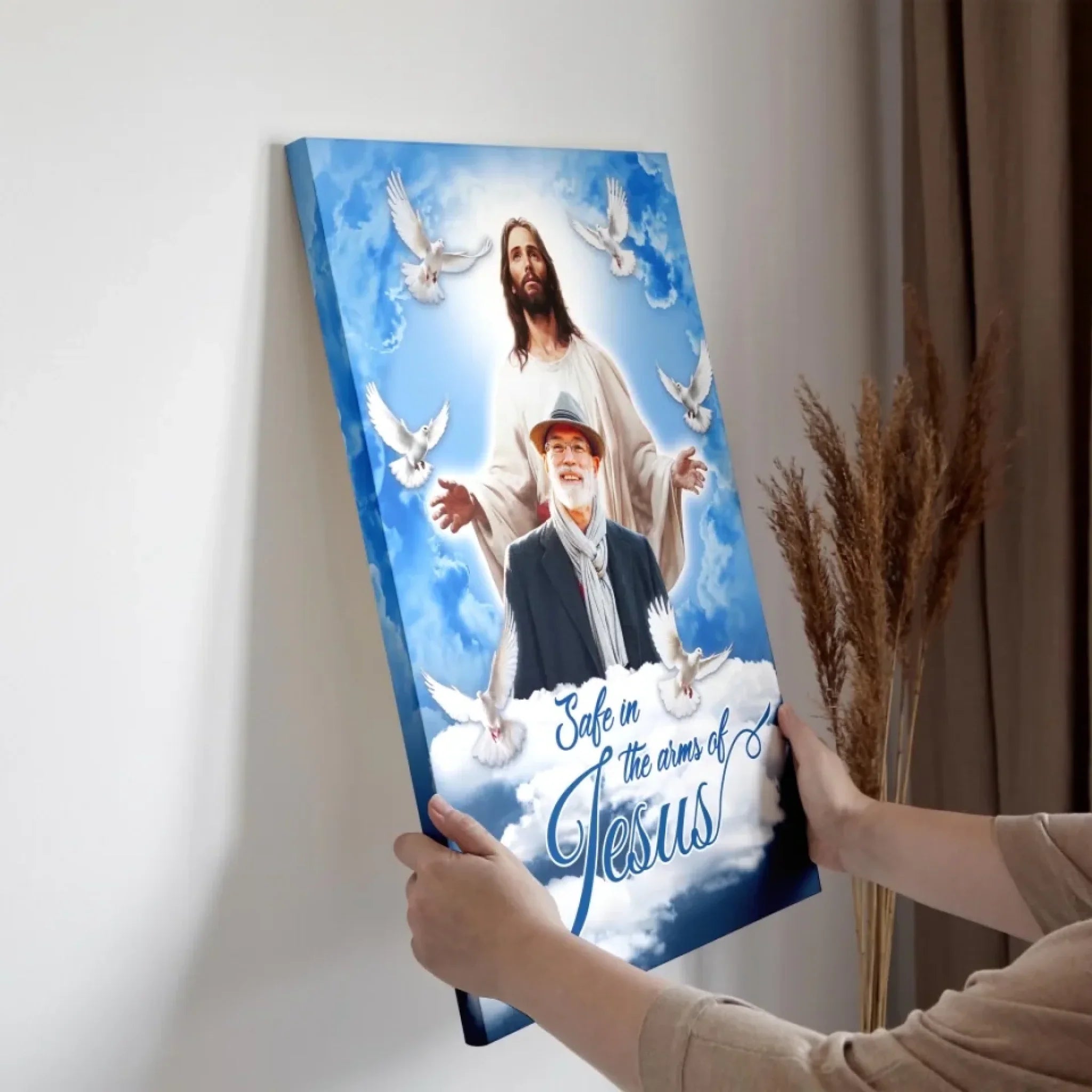 Personalized Canvas Prints, Custom Photo, Sympathy Gifts, Memorial Gifts, Loss Parents, Blue Sky With Pigeon Safe In The Arms Of Jesus Dem Canvas