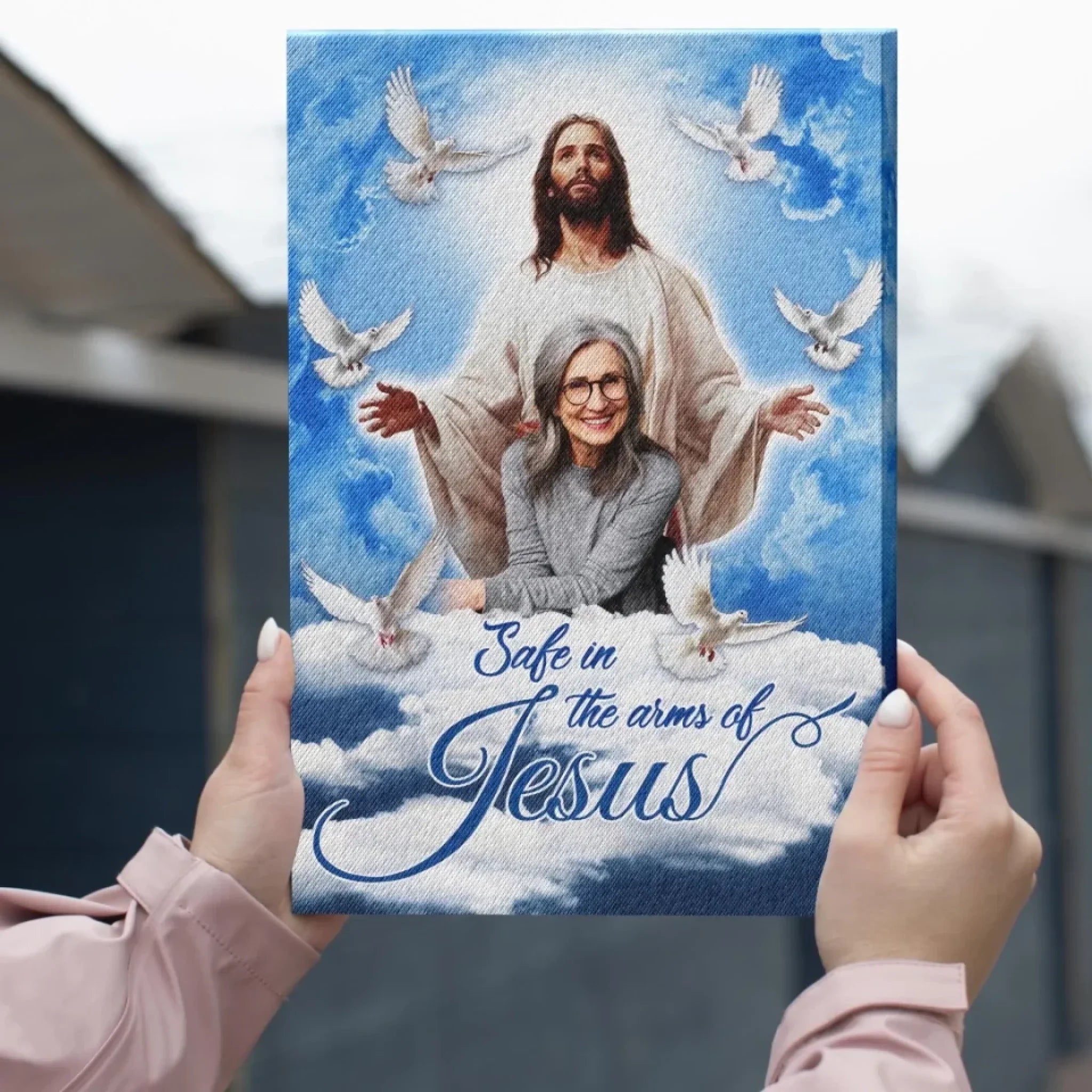 Personalized Canvas Prints, Custom Photo, Sympathy Gifts, Memorial Gifts, Loss Parents, Blue Sky With Pigeon Safe In The Arms Of Jesus Dem Canvas