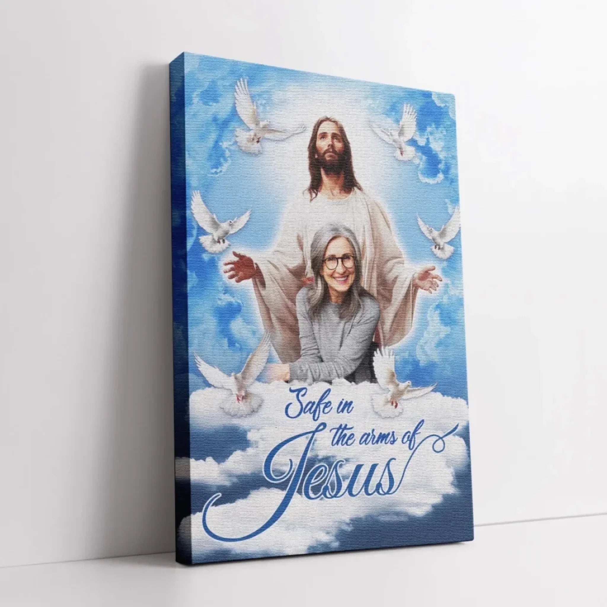 Personalized Canvas Prints, Custom Photo, Sympathy Gifts, Memorial Gifts, Loss Parents, Blue Sky With Pigeon Safe In The Arms Of Jesus Dem Canvas