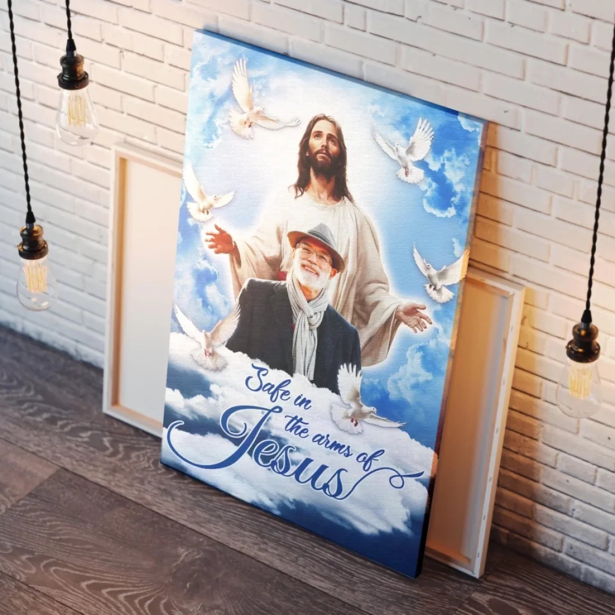 Personalized Canvas Prints, Custom Photo, Sympathy Gifts, Memorial Gifts, Loss Parents, Blue Sky With Pigeon Safe In The Arms Of Jesus Dem Canvas