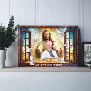 Personalized Canvas Prints, Custom Photo, Memorial Gifts, Sympathy Gifts, Window Frame Safe In The Arms Of Jesus Dem Canvas