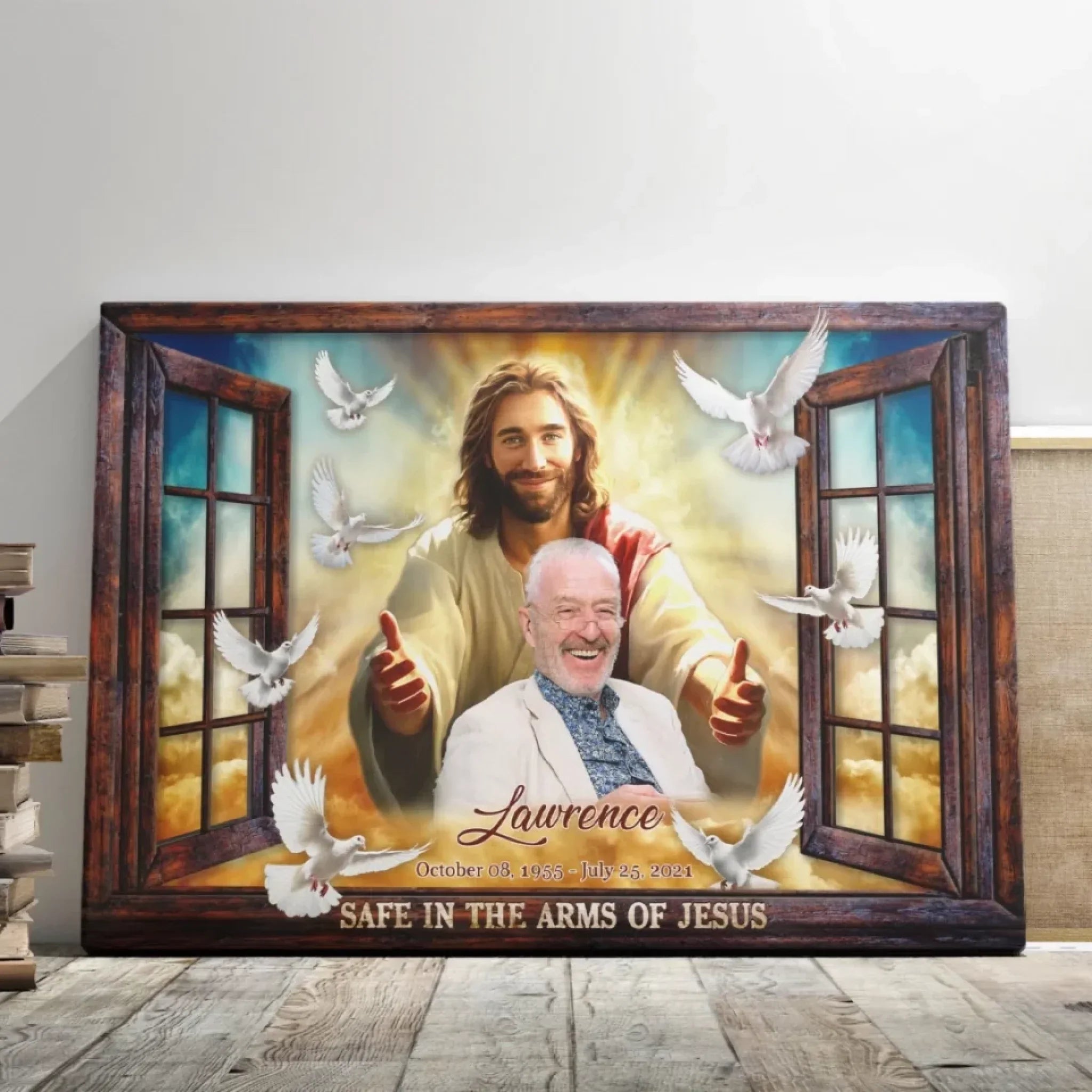 Personalized Canvas Prints, Custom Photo, Memorial Gifts, Sympathy Gifts, Window Frame Safe In The Arms Of Jesus Dem Canvas