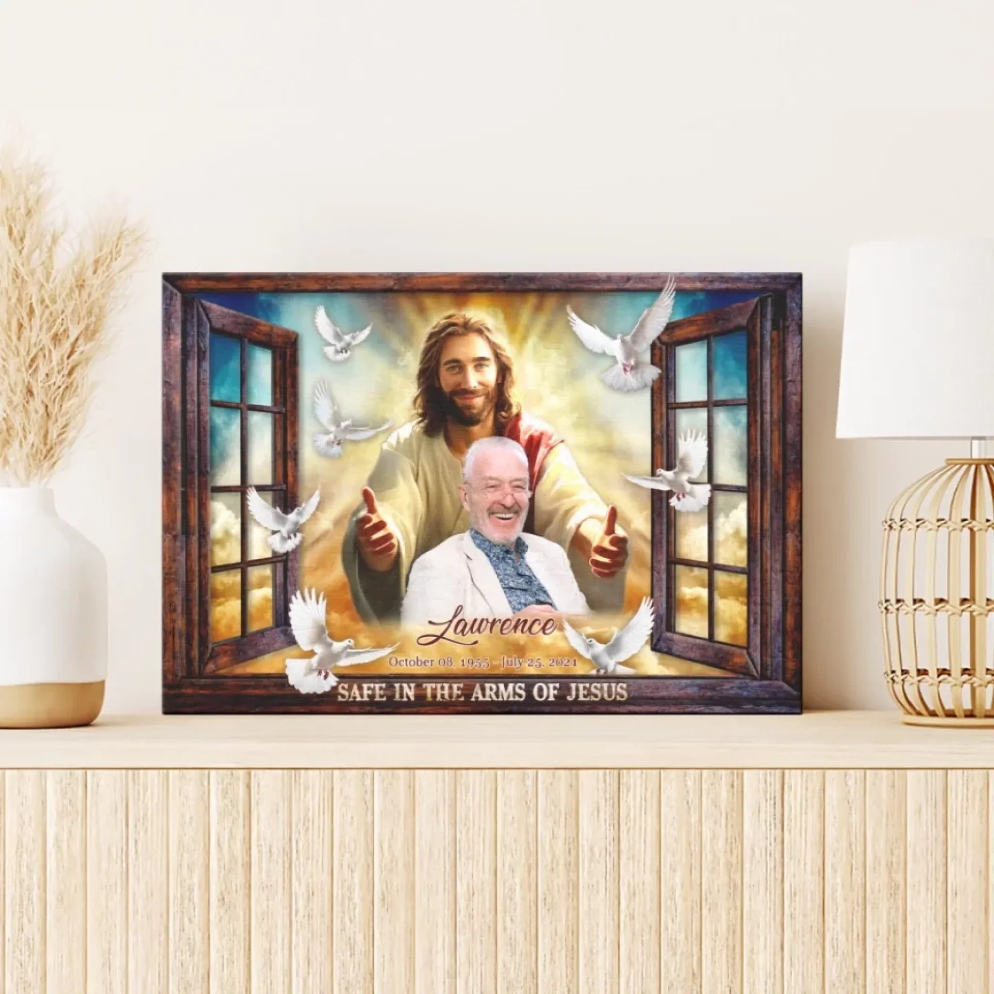 Personalized Canvas Prints, Custom Photo, Memorial Gifts, Sympathy Gifts, Window Frame Safe In The Arms Of Jesus Dem Canvas