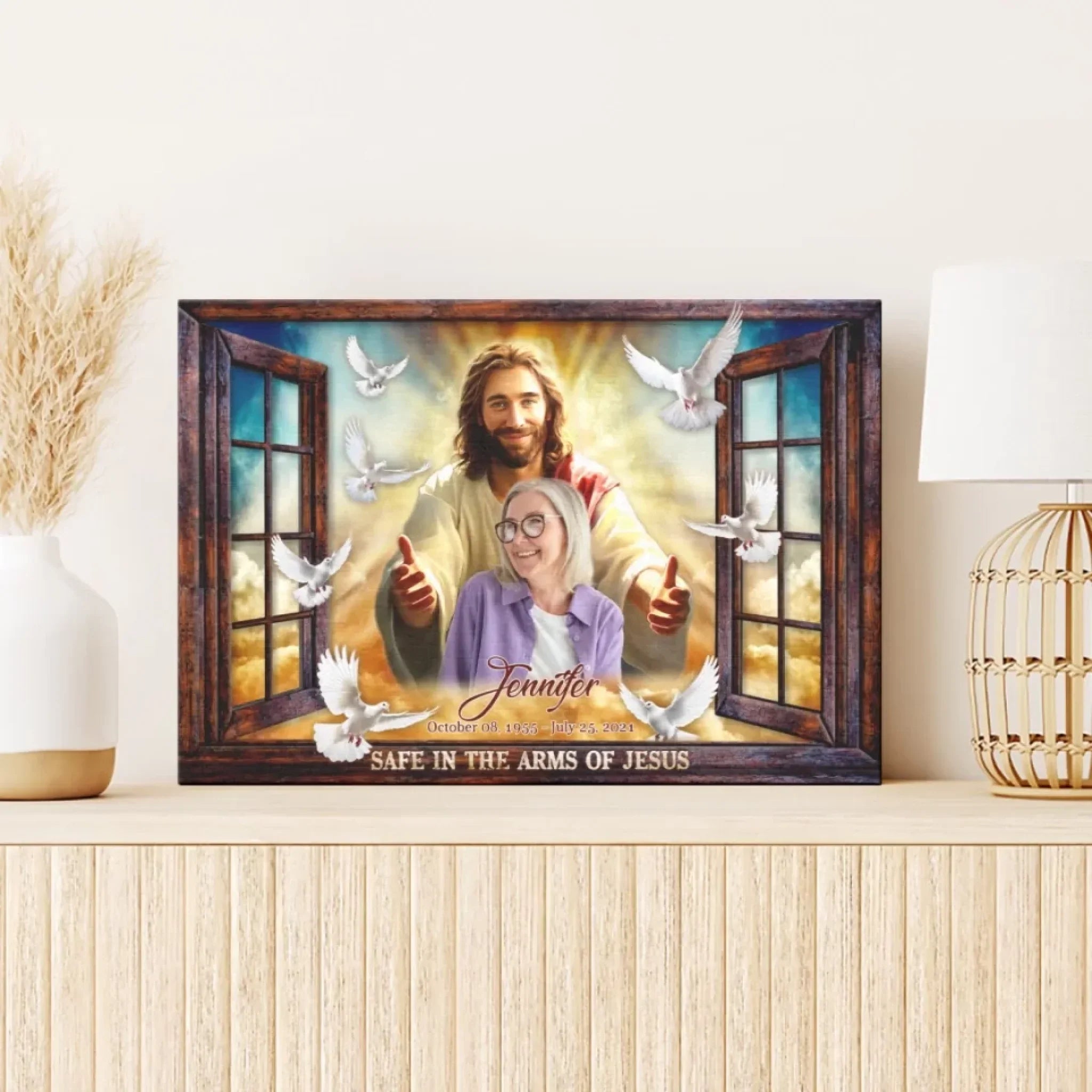 Personalized Canvas Prints, Custom Photo, Memorial Gifts, Sympathy Gifts, Window Frame Safe In The Arms Of Jesus Dem Canvas