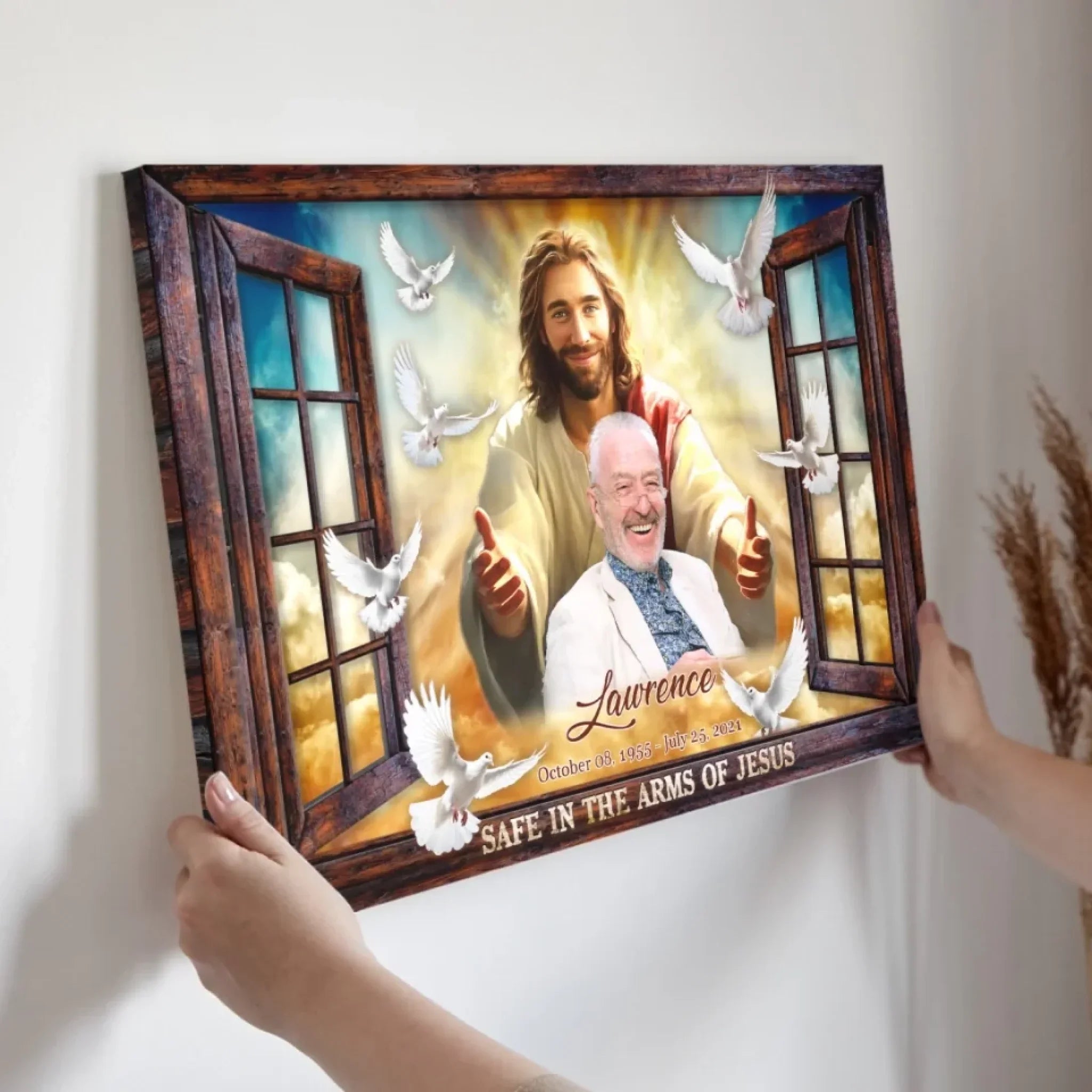 Personalized Canvas Prints, Custom Photo, Memorial Gifts, Sympathy Gifts, Window Frame Safe In The Arms Of Jesus Dem Canvas