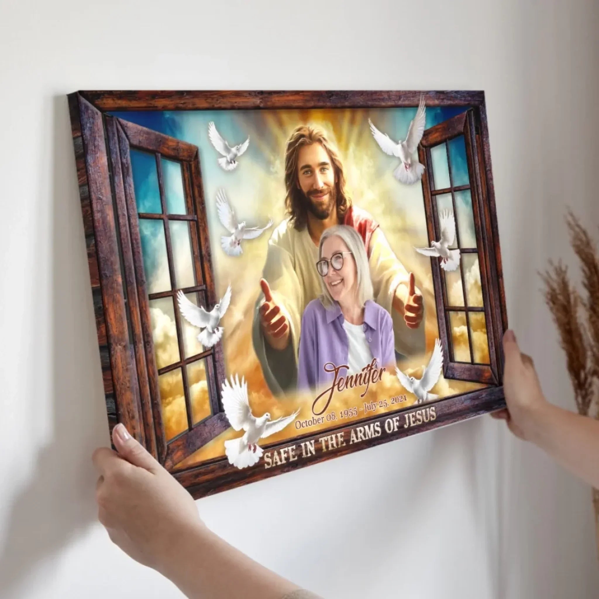 Personalized Canvas Prints, Custom Photo, Memorial Gifts, Sympathy Gifts, Window Frame Safe In The Arms Of Jesus Dem Canvas