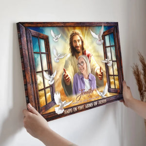 Personalized Canvas Prints, Custom Photo, Memorial Gifts, Sympathy Gifts, Window Frame Safe In The Arms Of Jesus Dem Canvas