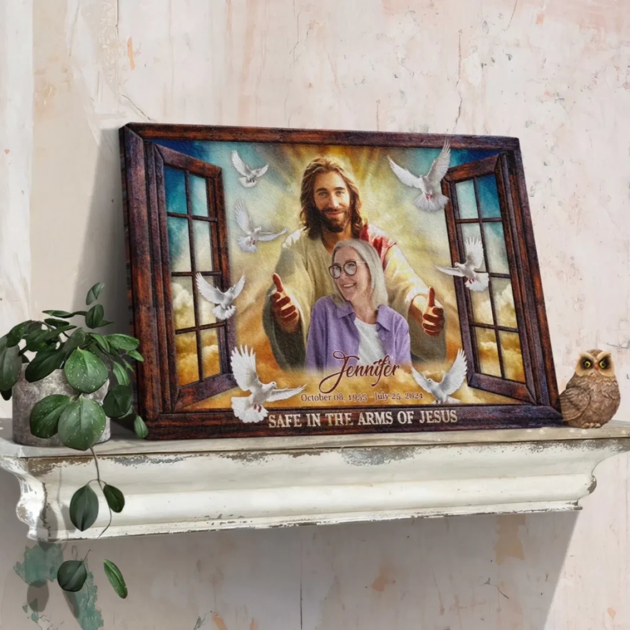Personalized Canvas Prints, Custom Photo, Memorial Gifts, Sympathy Gifts, Window Frame Safe In The Arms Of Jesus Dem Canvas