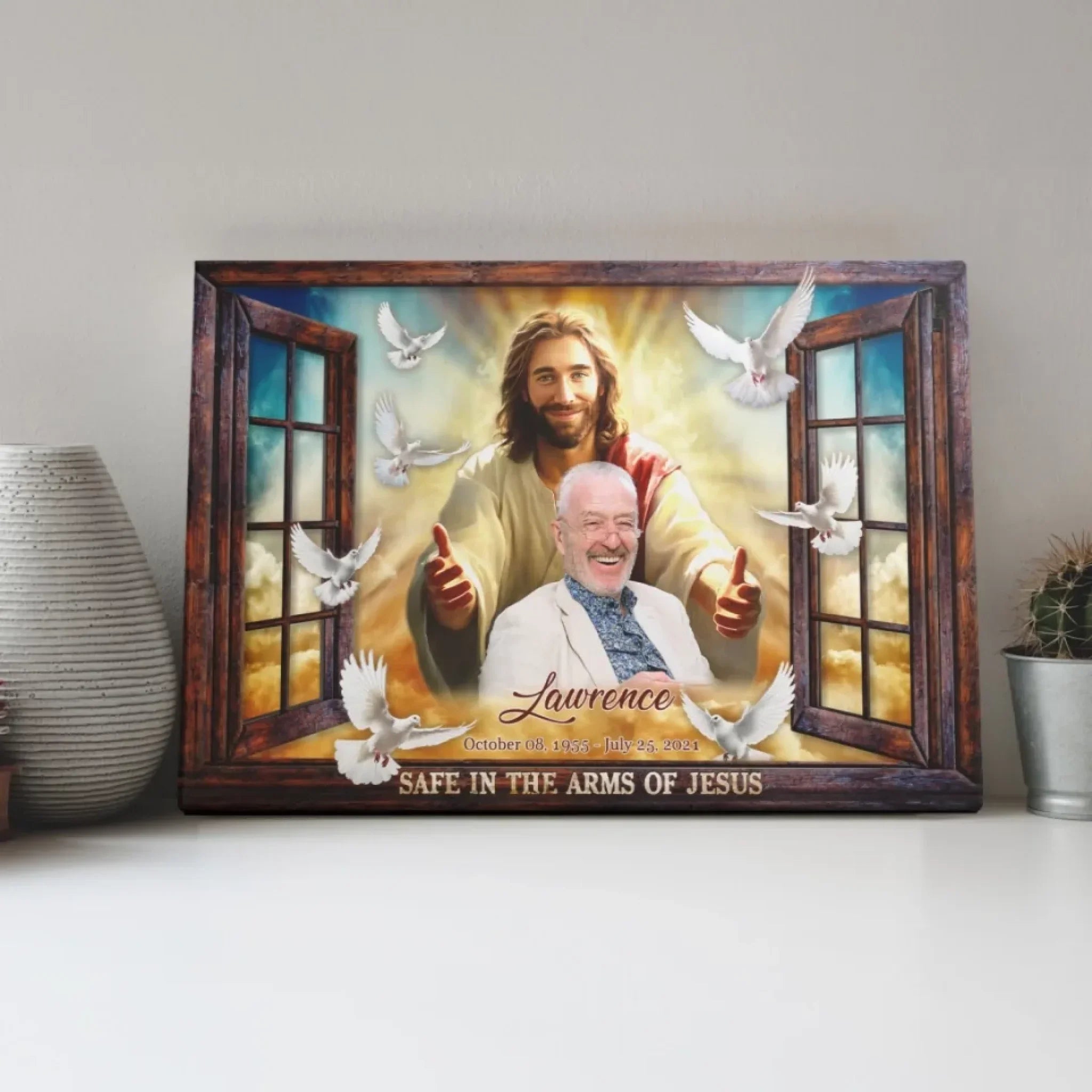 Personalized Canvas Prints, Custom Photo, Memorial Gifts, Sympathy Gifts, Window Frame Safe In The Arms Of Jesus Dem Canvas