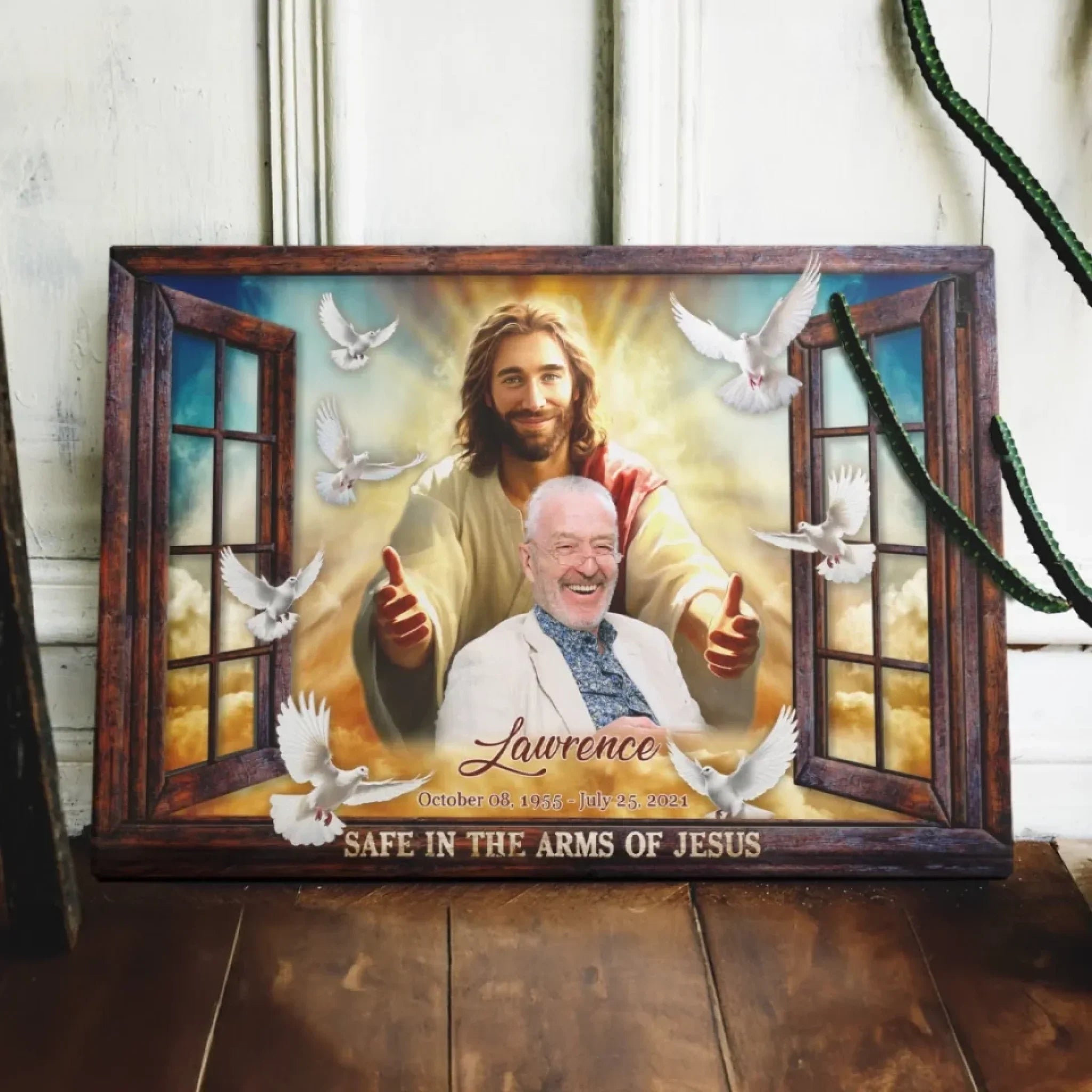Personalized Canvas Prints, Custom Photo, Memorial Gifts, Sympathy Gifts, Window Frame Safe In The Arms Of Jesus Dem Canvas