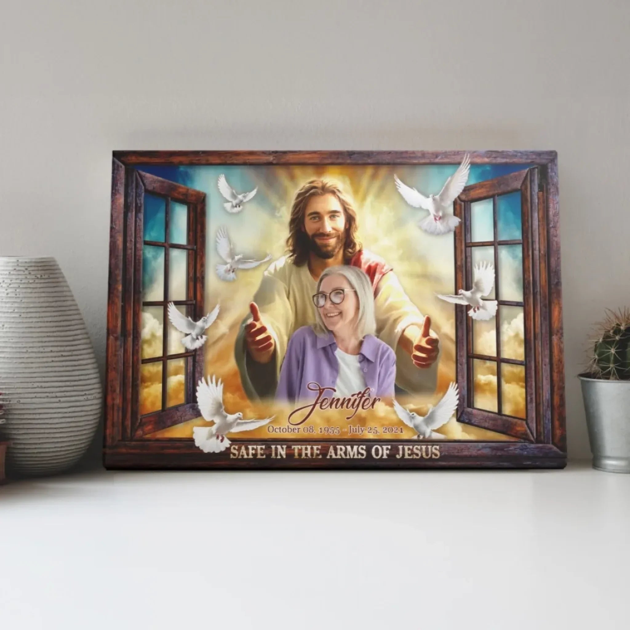 Personalized Canvas Prints, Custom Photo, Memorial Gifts, Sympathy Gifts, Window Frame Safe In The Arms Of Jesus Dem Canvas
