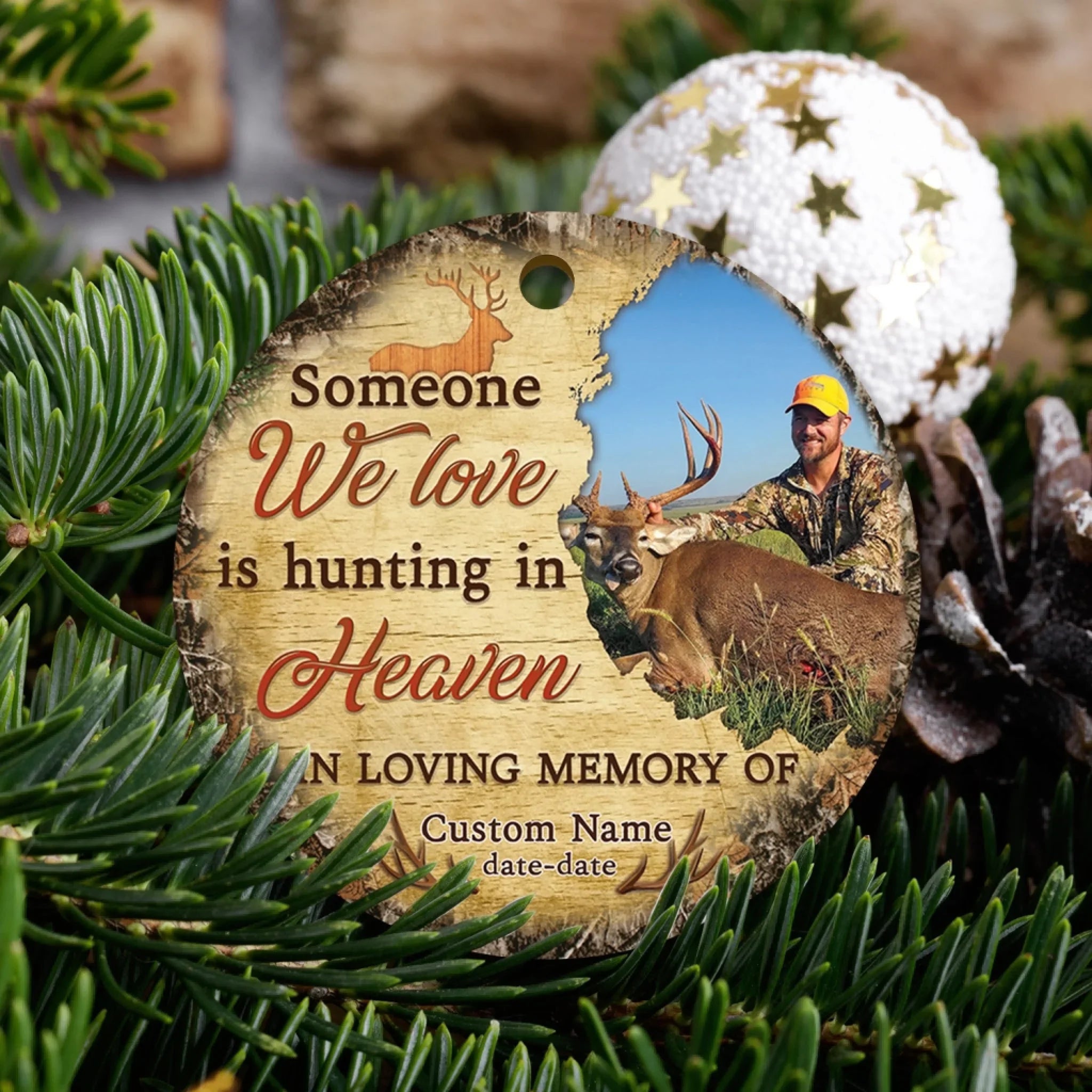 Memorial Personalized Ornament - Custom Photo & Text - Someone We Love Is Hunting in Heaven Memorial Ornament - Dem Canvas
