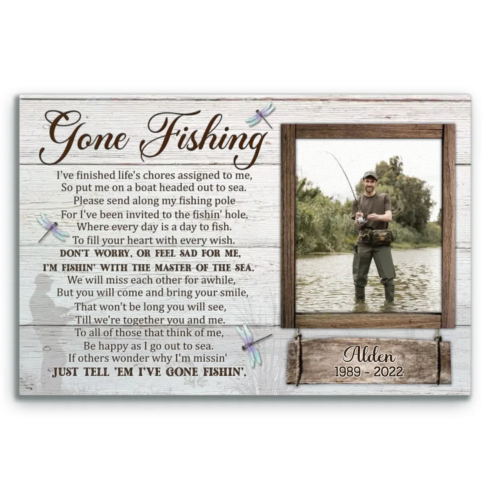 Personalized Canvas Prints Custom Photo, Gone Fishing Memorial, Father Gifts, Rest In Peace Sign Dem Canvas