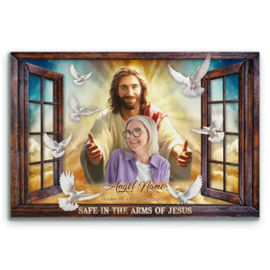 Personalized Canvas Prints, Custom Photo, Memorial Gifts, Sympathy Gifts, Window Frame Safe In The Arms Of Jesus Dem Canvas