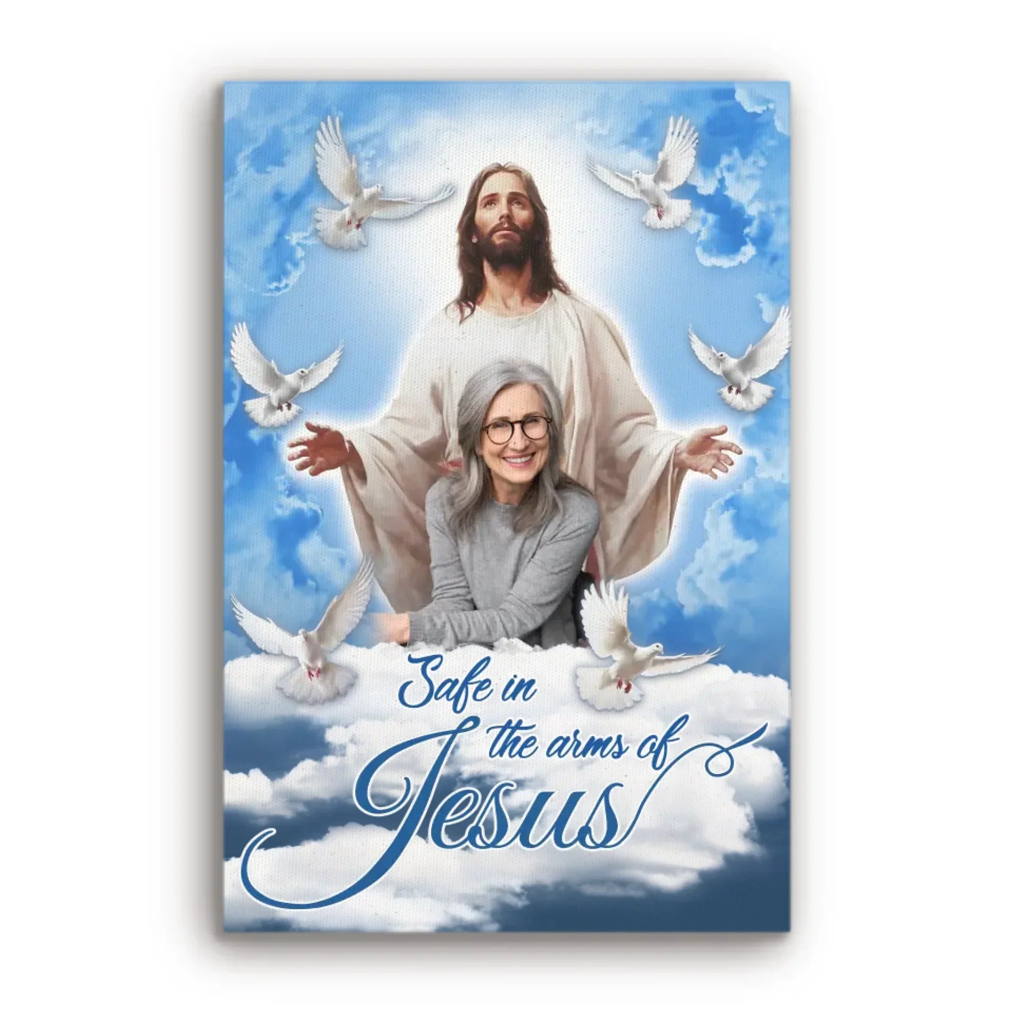 Personalized Canvas Prints, Custom Photo, Sympathy Gifts, Memorial Gifts, Loss Parents, Blue Sky With Pigeon Safe In The Arms Of Jesus Dem Canvas