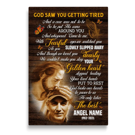 Personalized Canvas Prints, Custom Photo, Sympathy Gifts, Memorial Gift, Safe In The Arms Of Jesus, God Saw You Getting Tired Dem Canvas