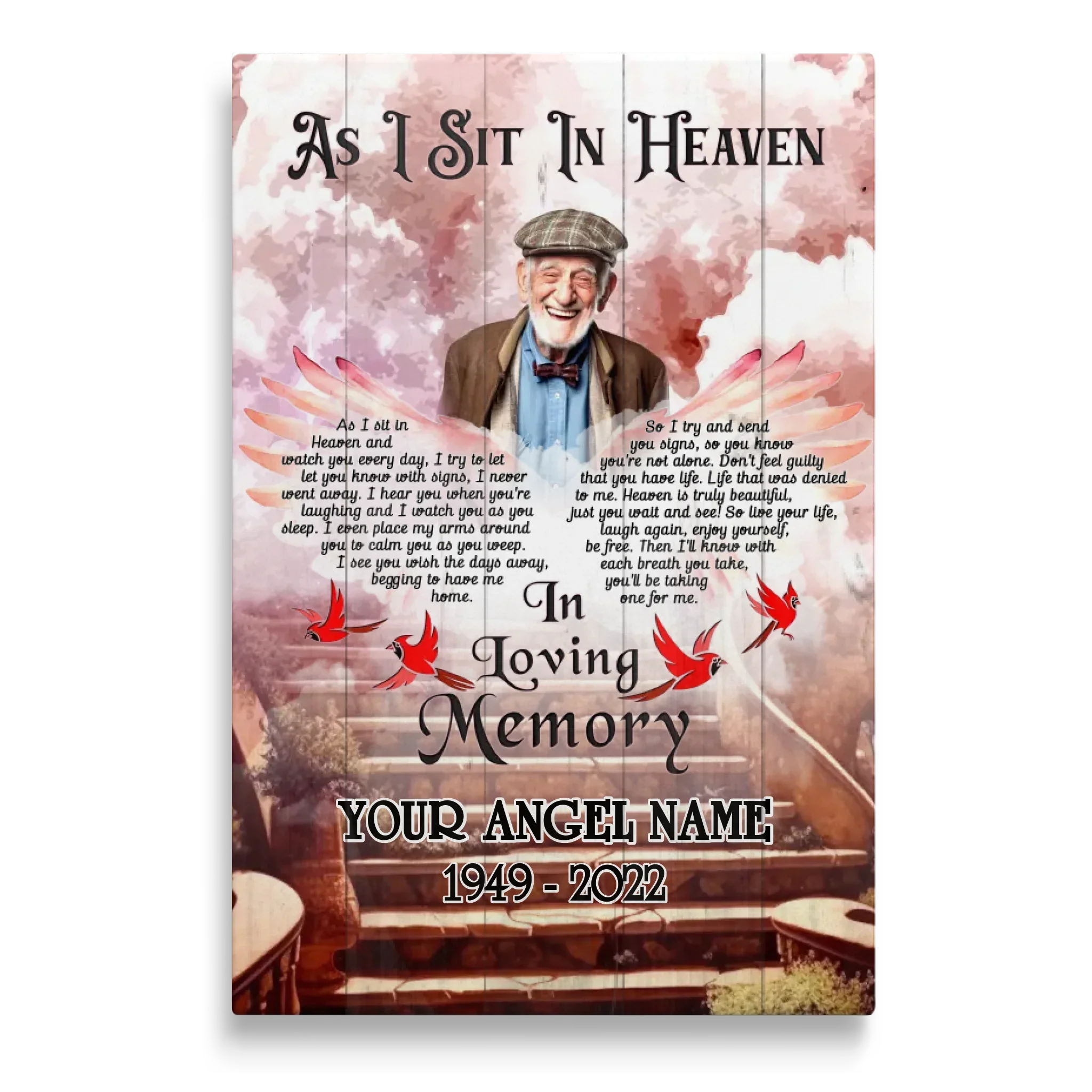 Personalized Canvas Prints, Custom Photo, Sympathy Gifts, Memorial Gifts, Cardinal Wings,Loss Mom, Loss Dad, As I Sit In Heaven Dem Canvas