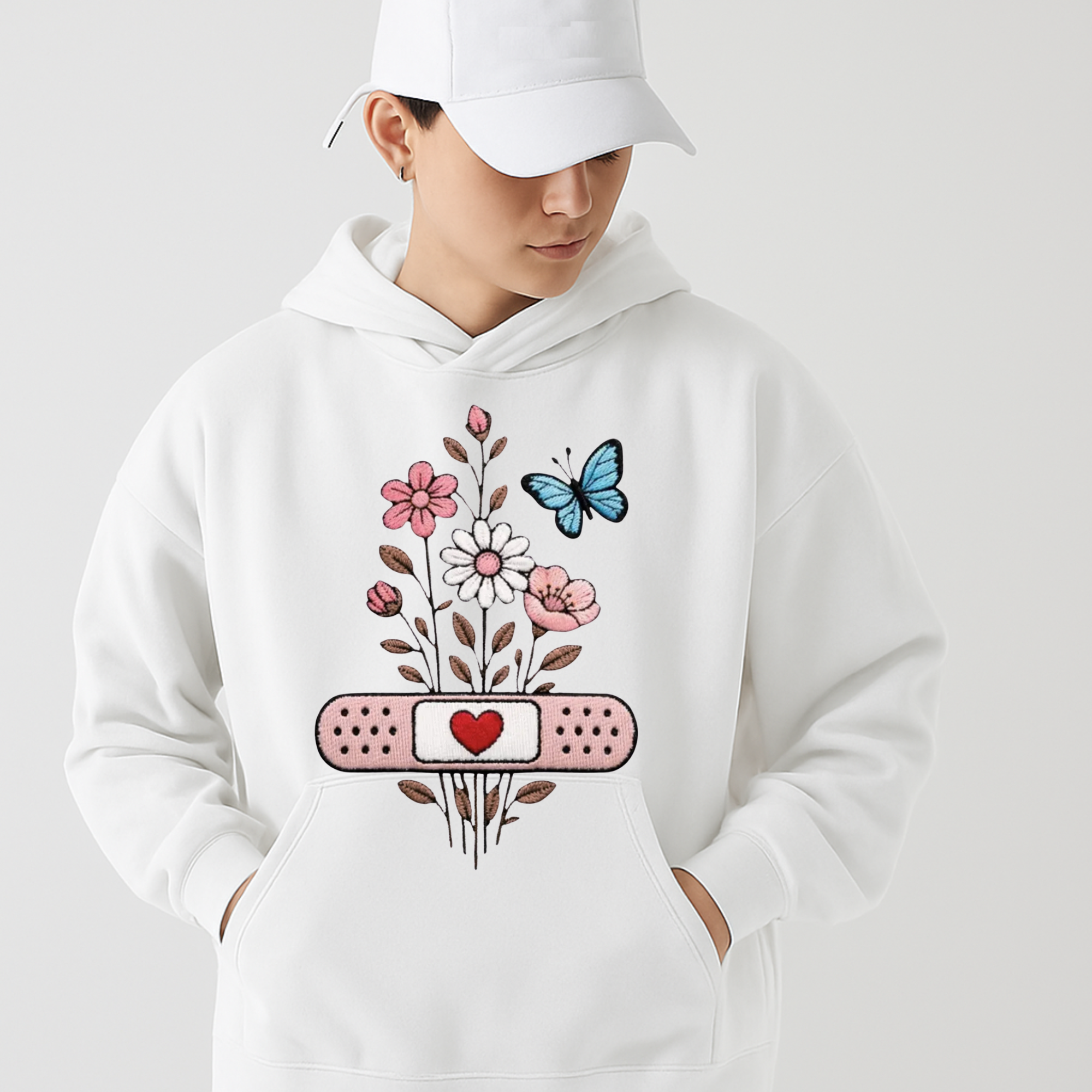Floral Compression Bandage Butterfly Embroidery Hoodie