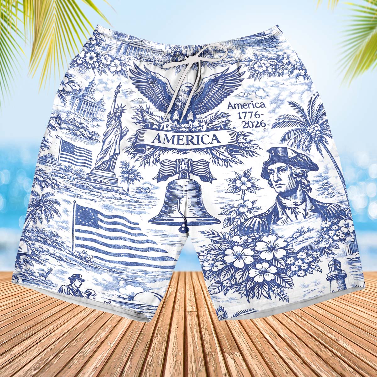 250 Years of America Beach Shorts 1776–2026 | Vintage Patriotic AOP Hawaiian Beach Shorts | 4th of July Beach Shorts 684725