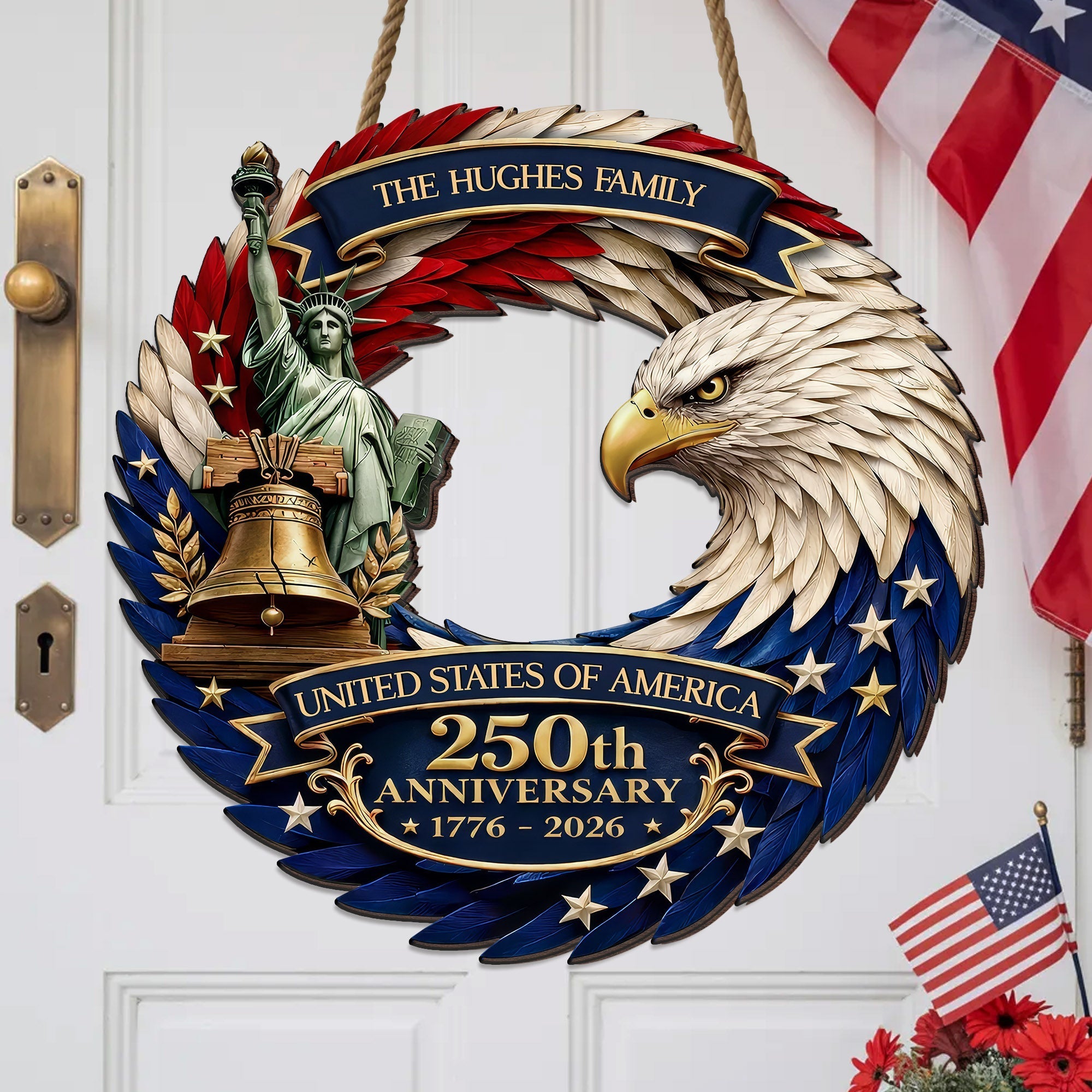 Custom Wood Sign - Personalized America 250th Anniversary Gifts For Mom, Dad, Brother, Sister, Kids - Bald Eagle Patriotic