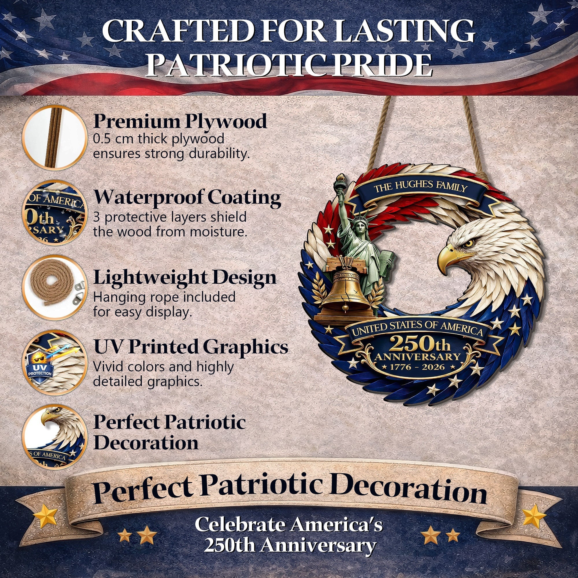 Custom Wood Sign - Personalized America 250th Anniversary Gifts For Mom, Dad, Brother, Sister, Kids - Bald Eagle Patriotic