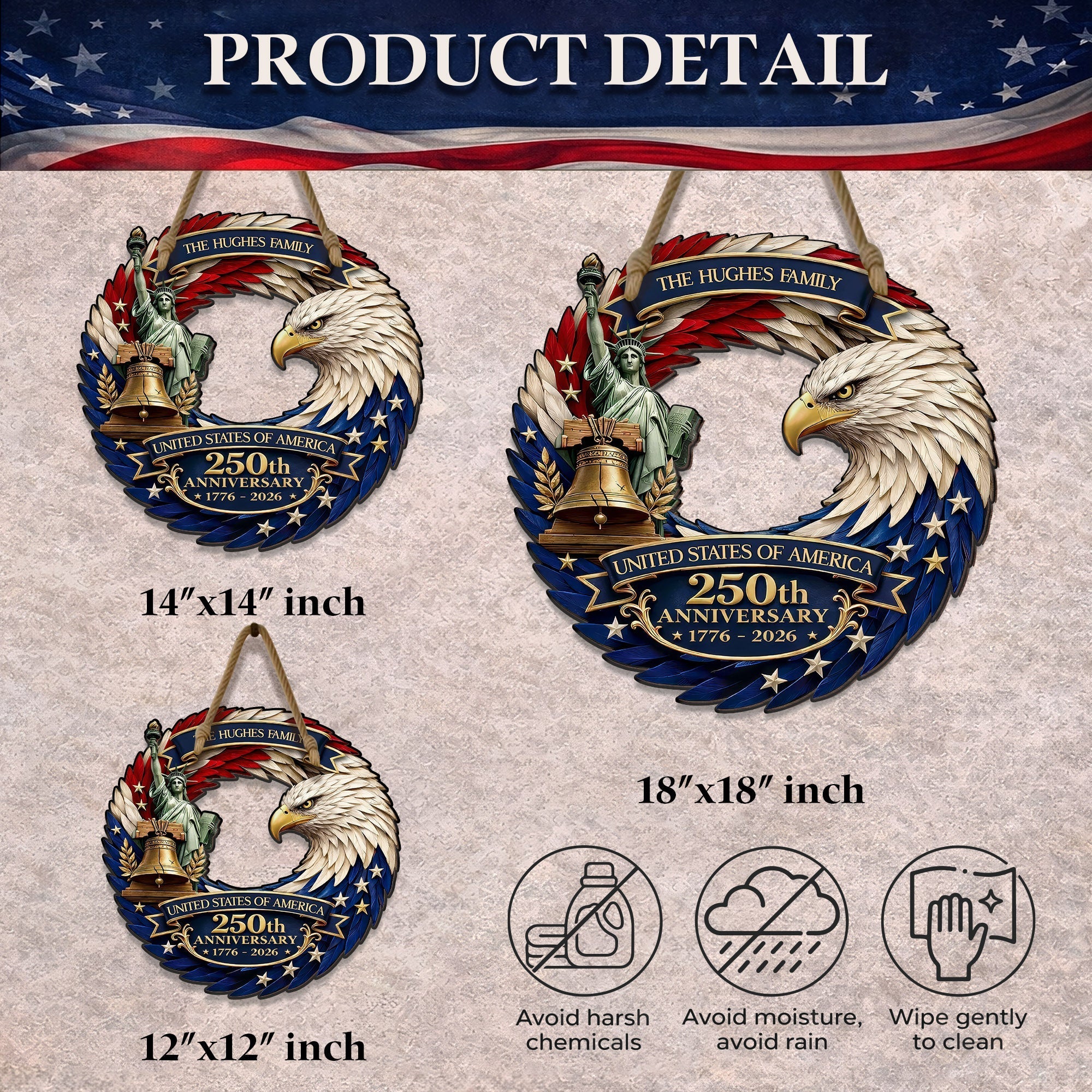 Custom Wood Sign - Personalized America 250th Anniversary Gifts For Mom, Dad, Brother, Sister, Kids - Bald Eagle Patriotic