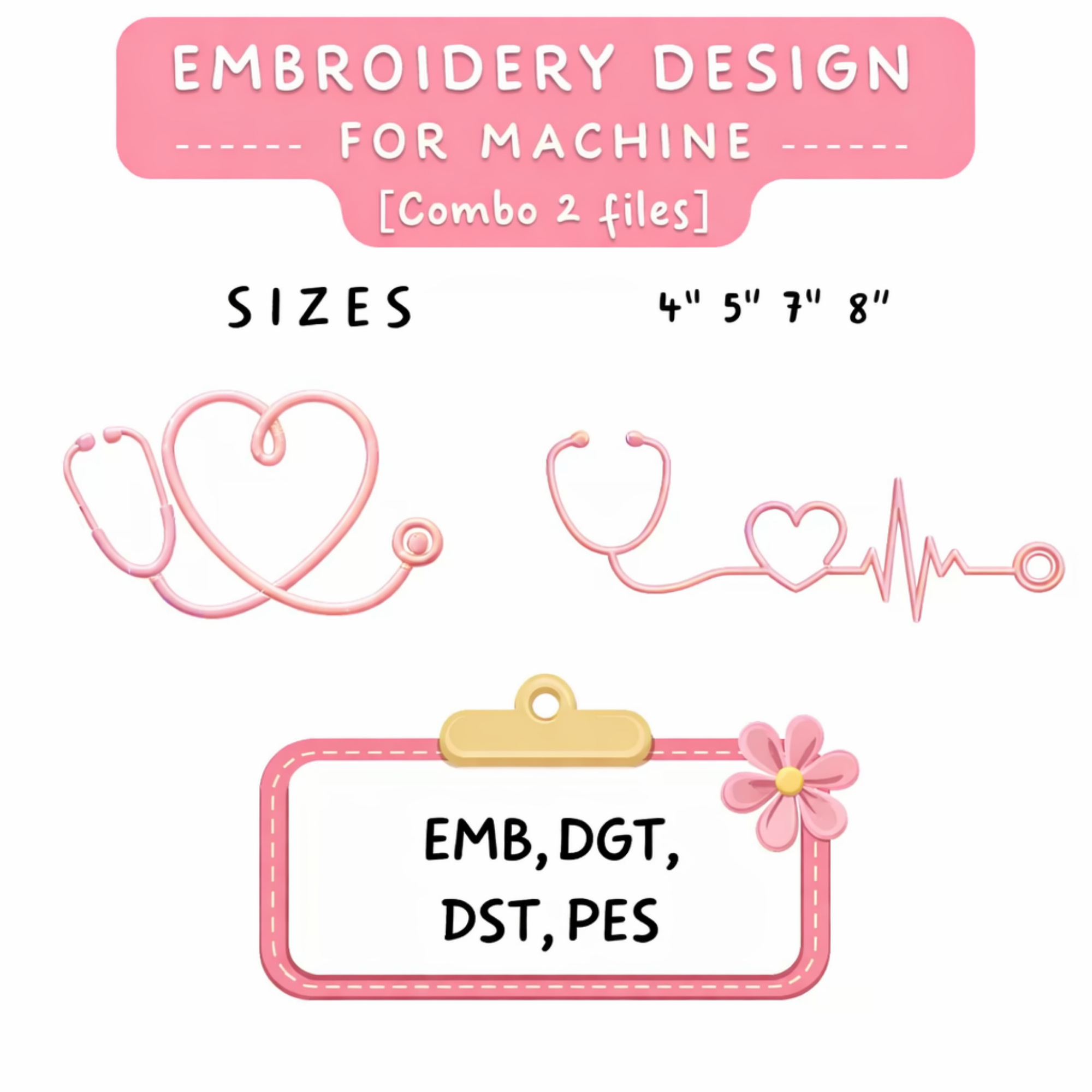 Combo set 2 Nurse Heartbeat Embroidery File Stethoscope Line Art Love Medical Design