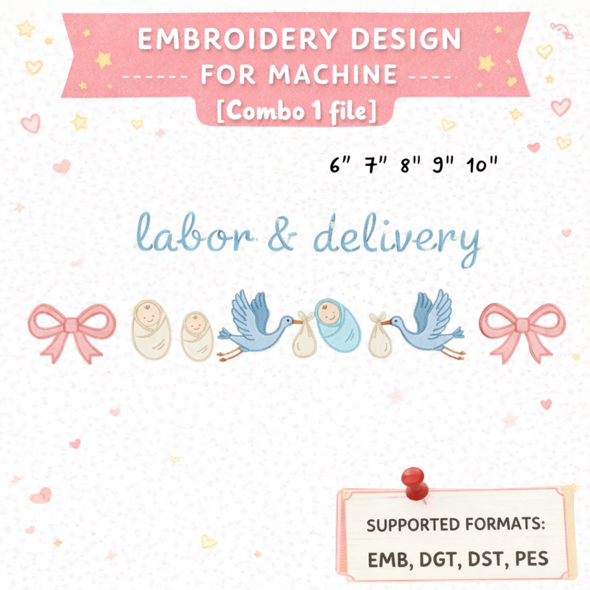 Coquette Labor Delivery Nurse Embroidery File Bow OB RN Design Mother Baby Nurse Machine Embroidery Pattern